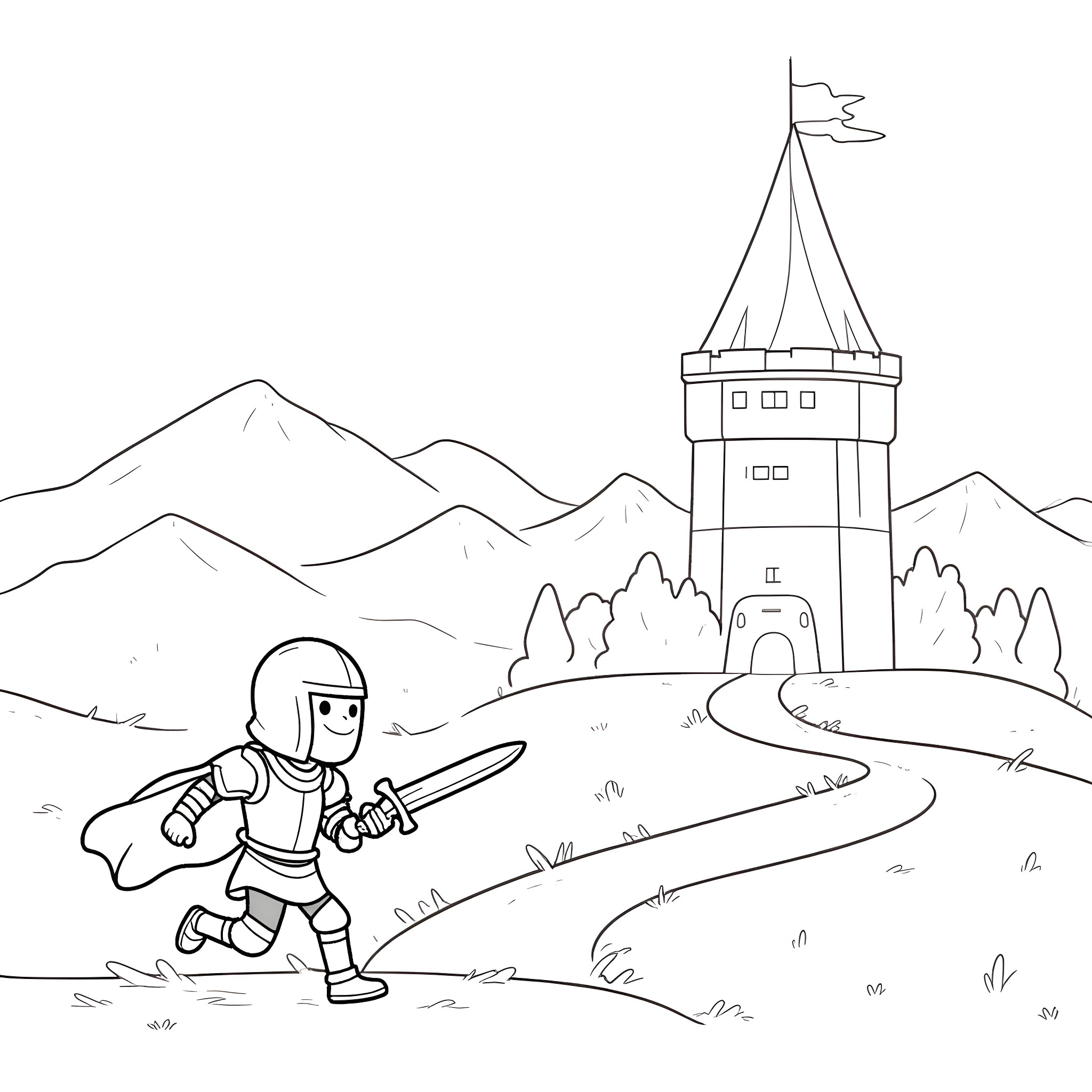 Knight preparing for battle near castle Coloring Page (free black-and-white line drawing printable PDF for all, from beginners to advanced learners, including children, teens, adults, and seniors)
