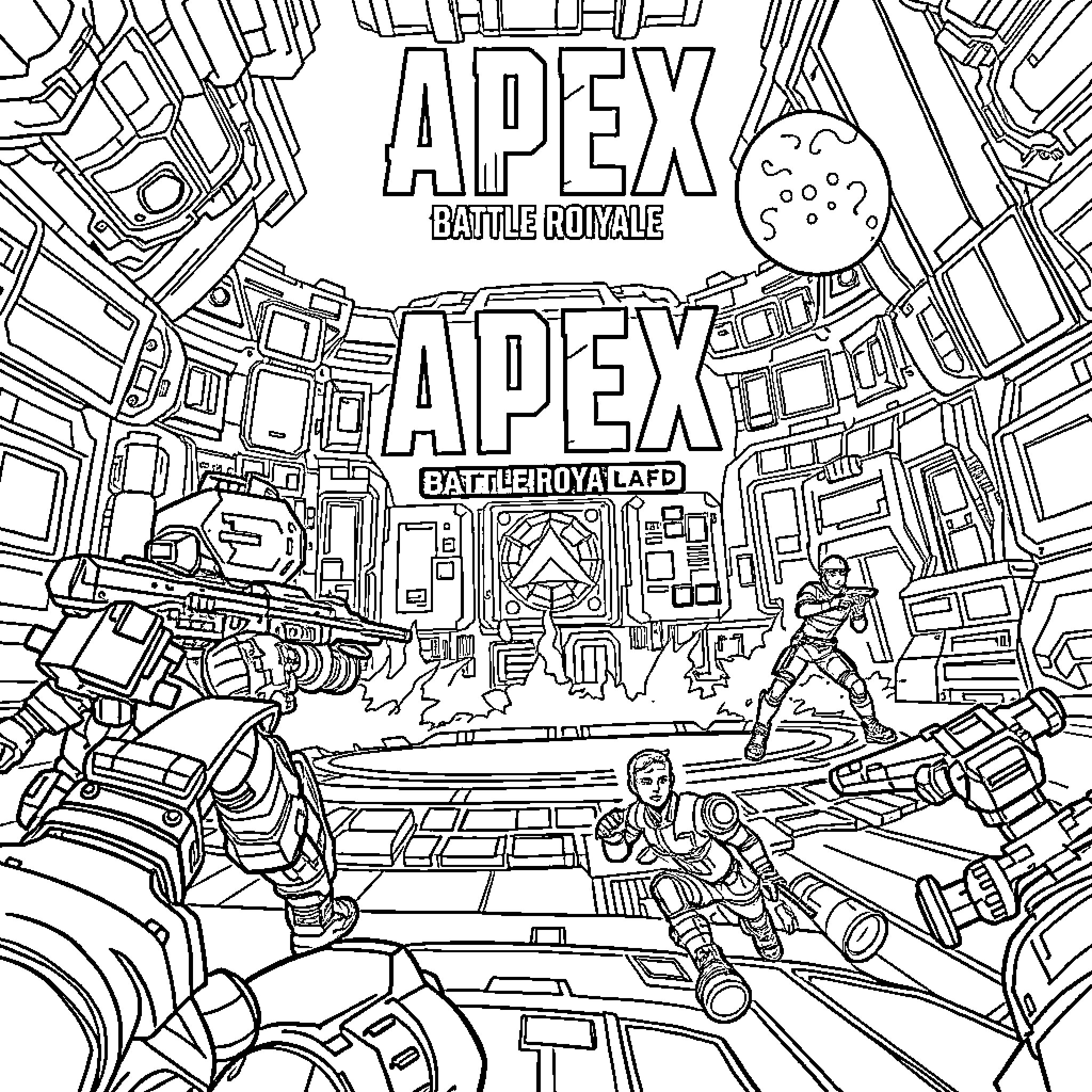 Apex Battle Royale Action and Chaos Coloring Page (free black-and-white line drawing printable PDF for all, from beginners to advanced learners, including children, teens, adults, and seniors)