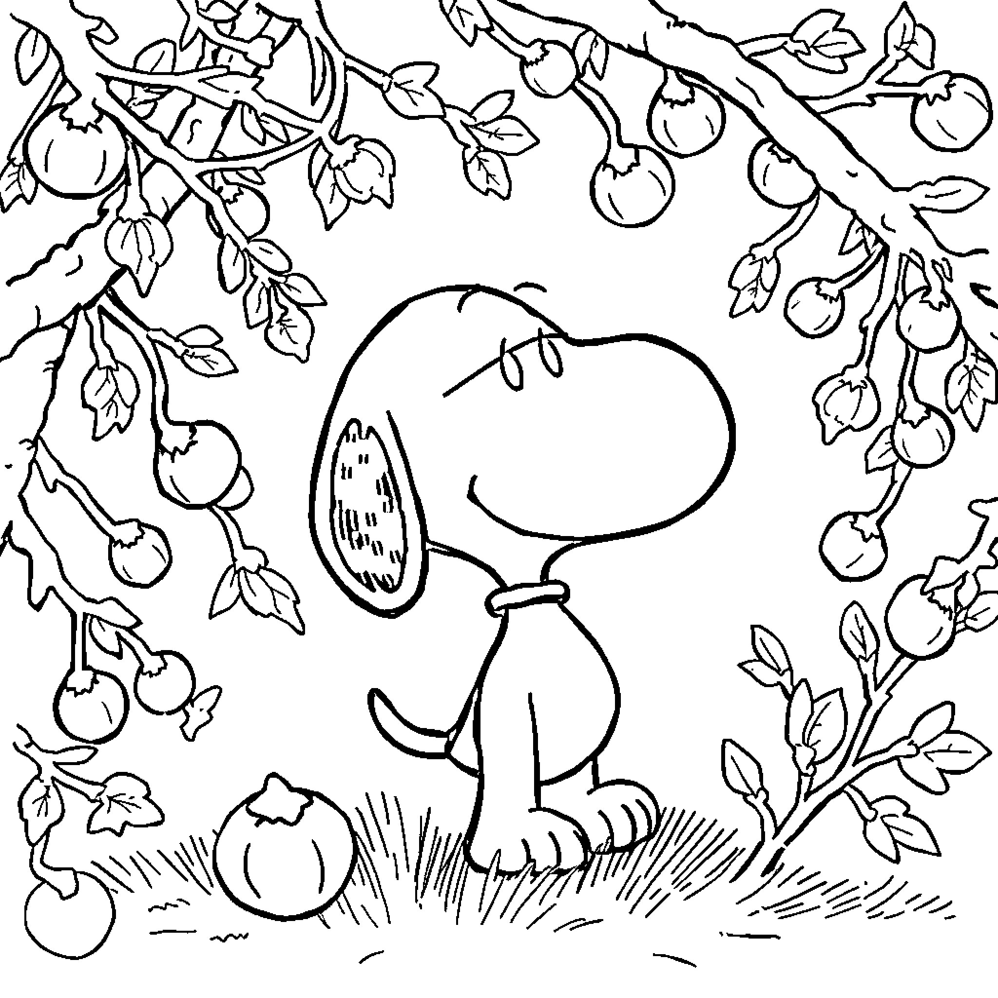 Snoopy relaxing in a lush garden Coloring Page (free black-and-white line drawing printable PDF for all, from beginners to advanced learners, including children, teens, adults, and seniors)