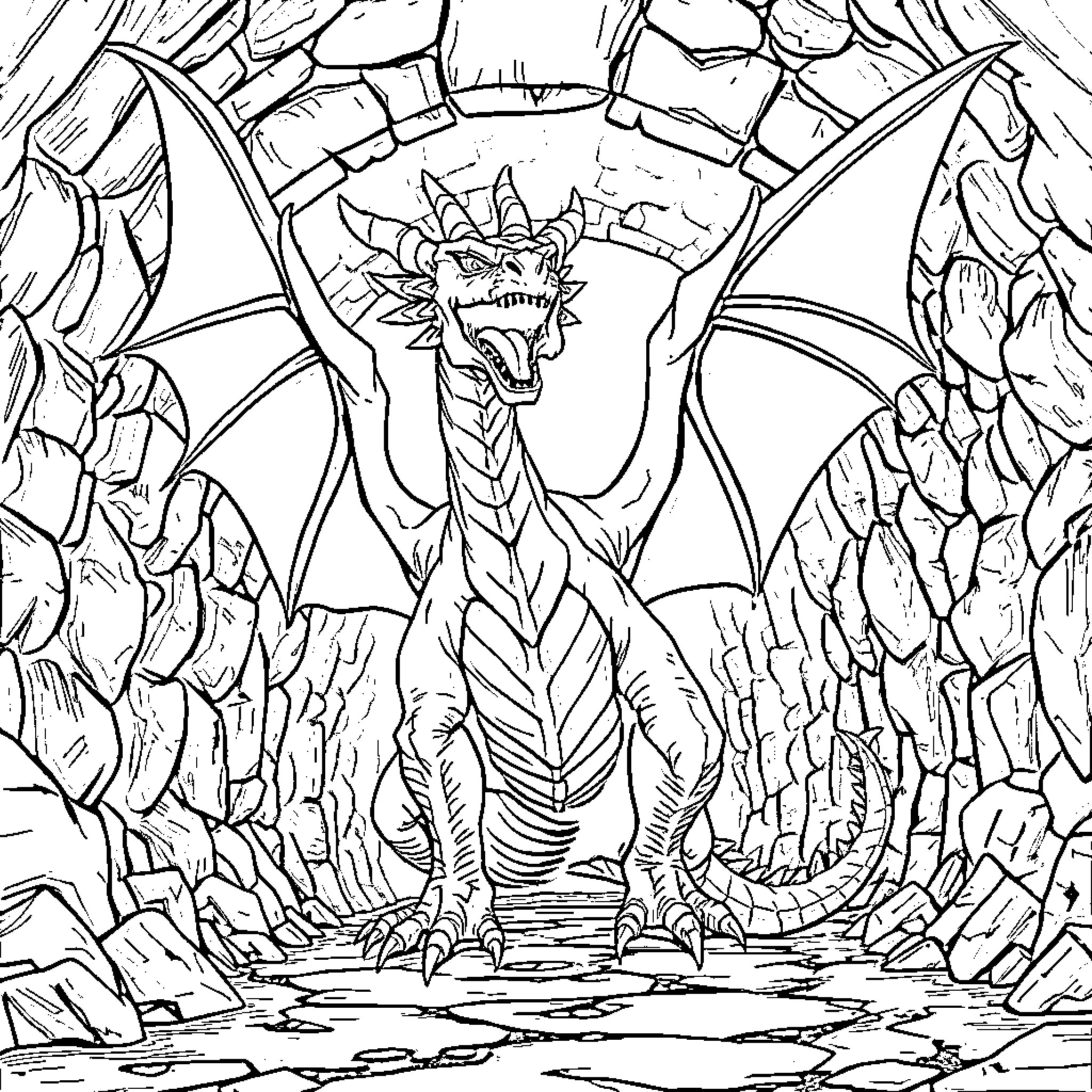 Dragon Guardian Emerging from Rugged Terrain Coloring Page (free black-and-white line drawing printable PDF for all, from beginners to advanced learners, including children, teens, adults, and seniors)