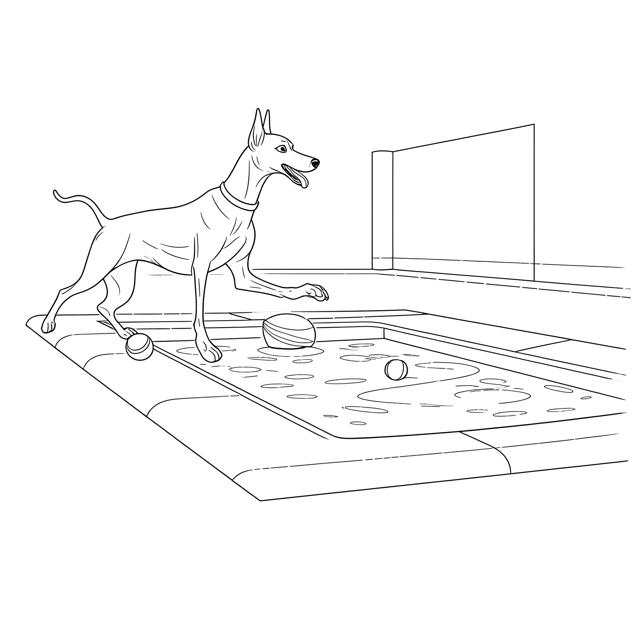 Doberman playing with toys in the room Coloring Page (free black-and-white line drawing printable PDF for all, from beginners to advanced learners, including children, teens, adults, and seniors)