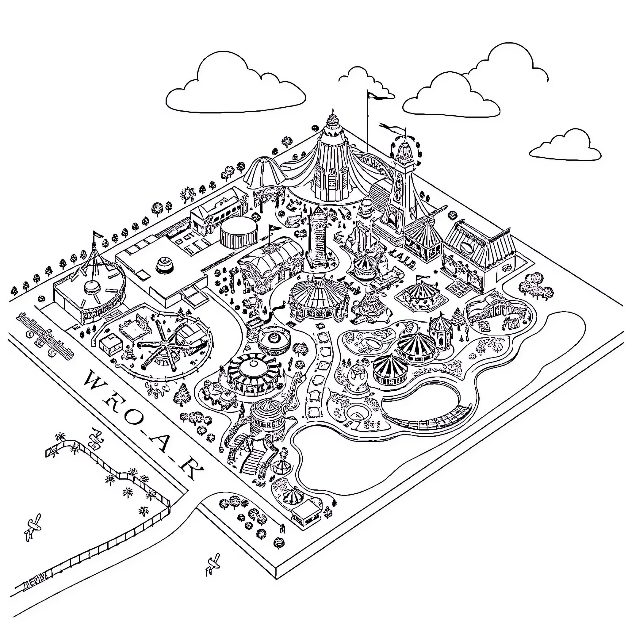 Theme Park Filled with Rides, Attractions, and Lively Characters Coloring Page (free black-and-white line drawing printable PDF for all, from beginners to advanced learners, including children, teens, adults, and seniors)