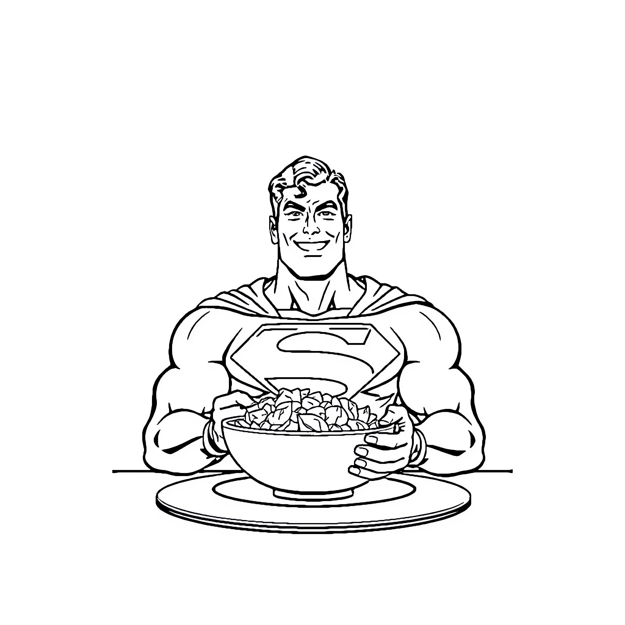Superman enjoying a hearty meal Coloring Page (free black-and-white line drawing printable PDF for all, from beginners to advanced learners, including children, teens, adults, and seniors)