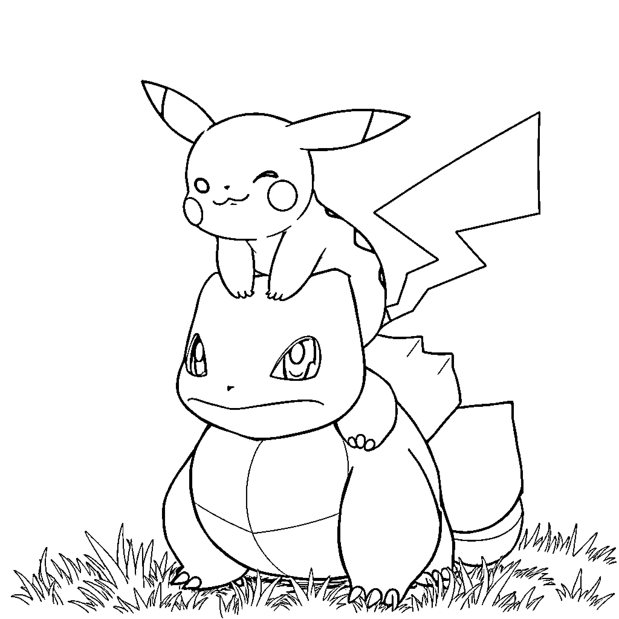 Pikachu sitting on Bulbasaur in the grass Coloring Page (free black-and-white line drawing printable PDF for all, from beginners to advanced learners, including children, teens, adults, and seniors)