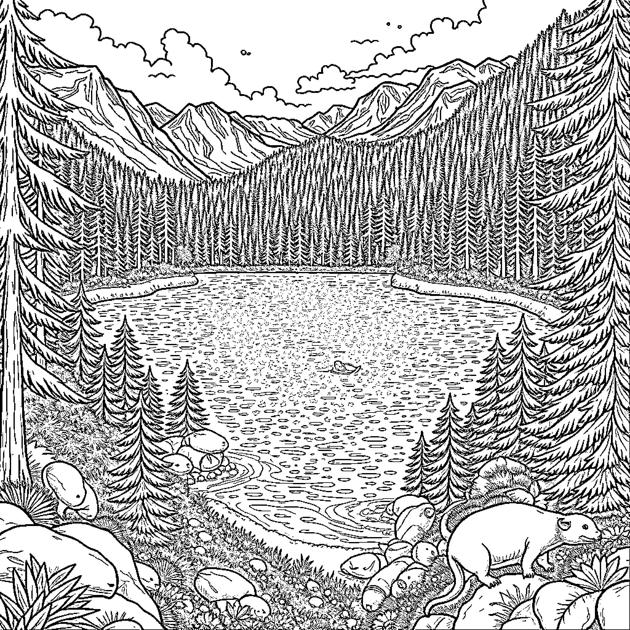 Siren's Enchanted Mountain Retreat Coloring Page (free black-and-white line drawing printable PDF for all, from beginners to advanced learners, including children, teens, adults, and seniors)