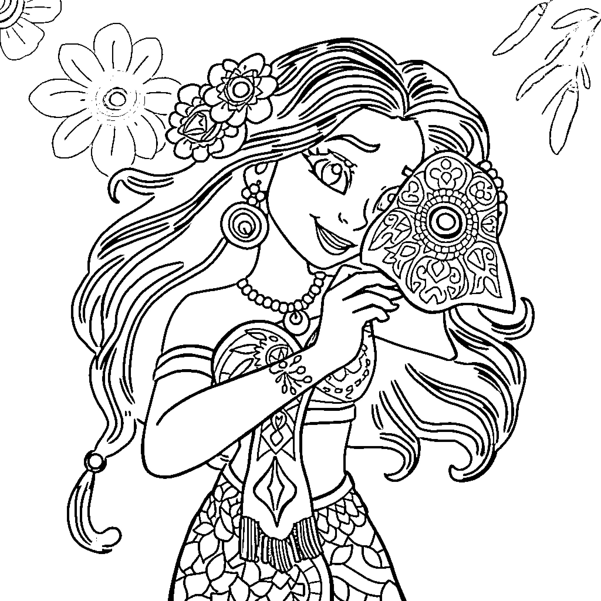 Vaiana's Floral Adventure Coloring Page (free black-and-white line drawing printable PDF for all, from beginners to advanced learners, including children, teens, adults, and seniors)