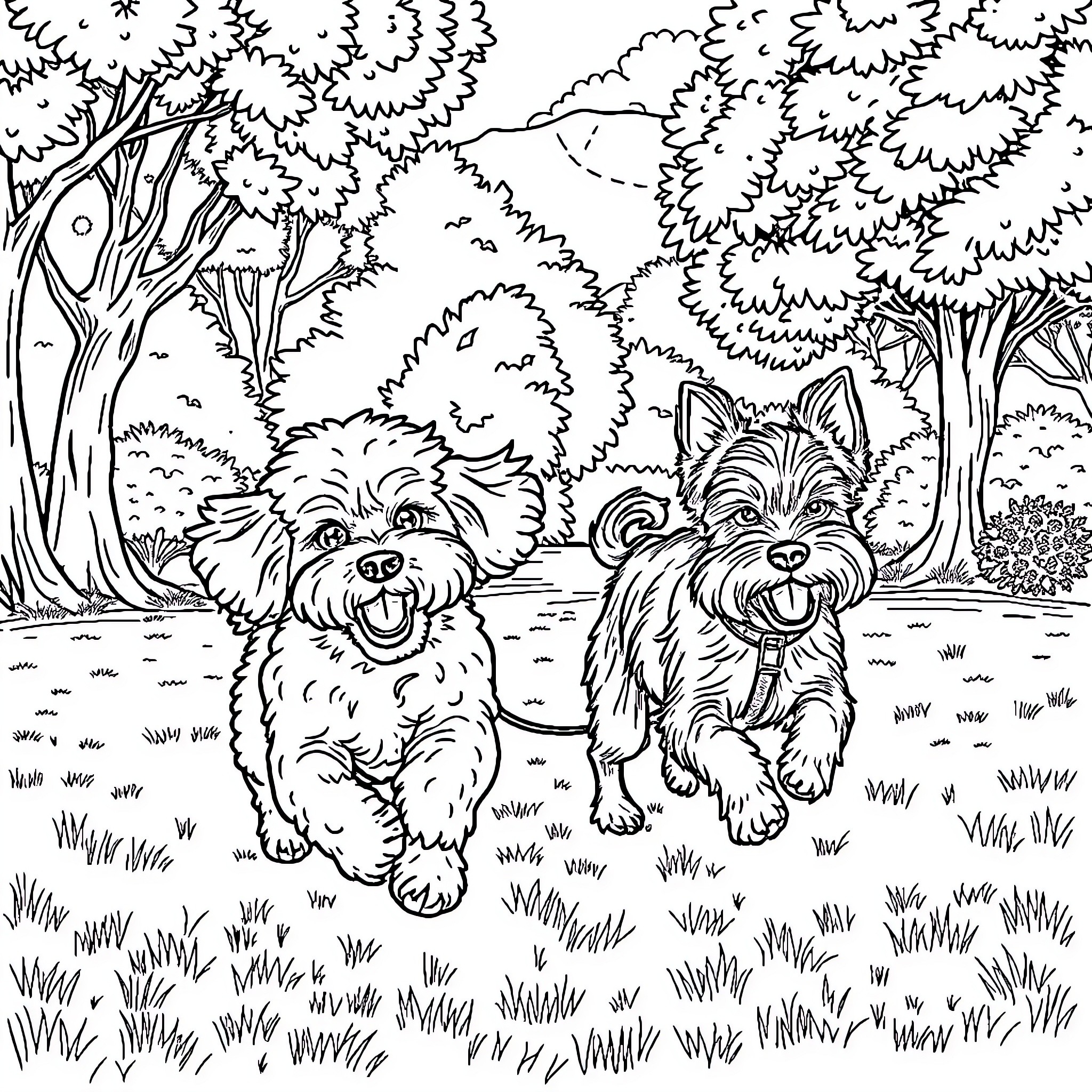 Poodle pals playing in the forest Coloring Page (free black-and-white line drawing printable PDF for all, from beginners to advanced learners, including children, teens, adults, and seniors)