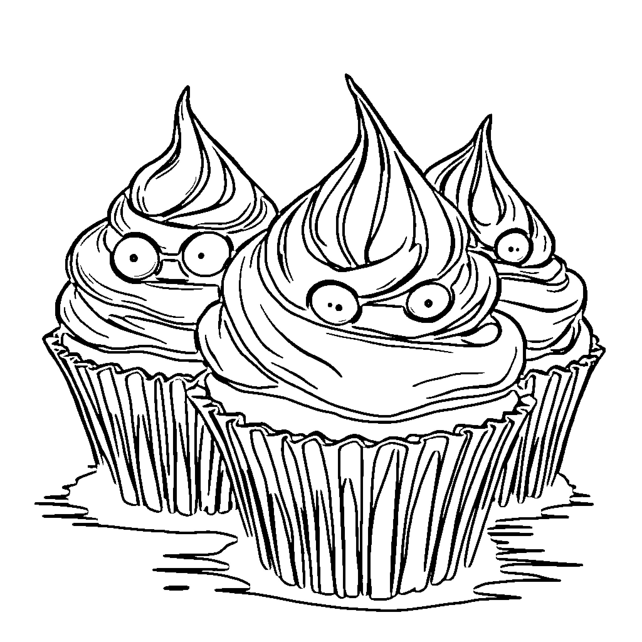 Cupcakes with Funny Expressions and Googly Eyes Coloring Page (free black-and-white line drawing printable PDF for all, from beginners to advanced learners, including children, teens, adults, and seniors)