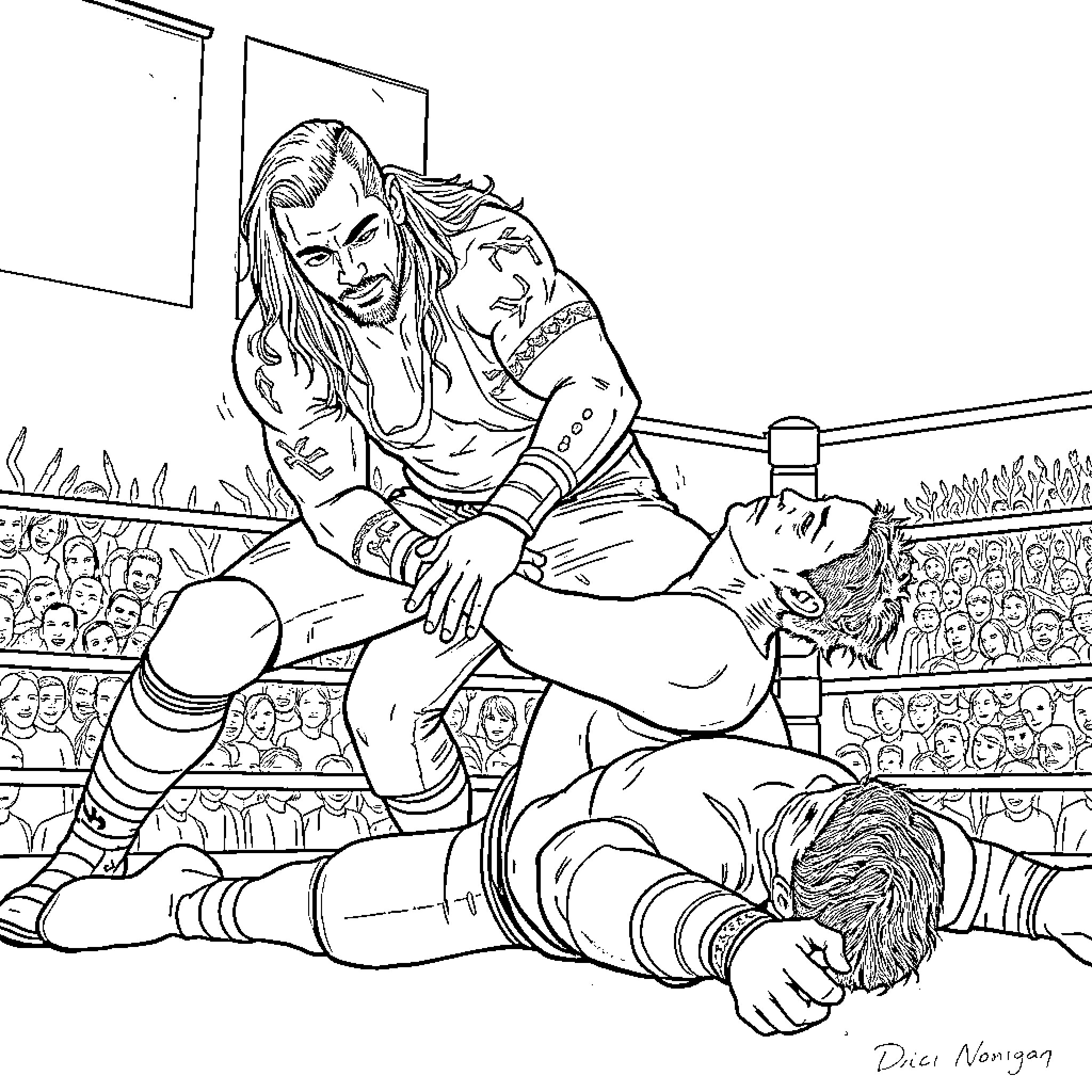 Jey Uso's intense wrestling match in the ring Coloring Page (free black-and-white line drawing printable PDF for all, from beginners to advanced learners, including children, teens, adults, and seniors)