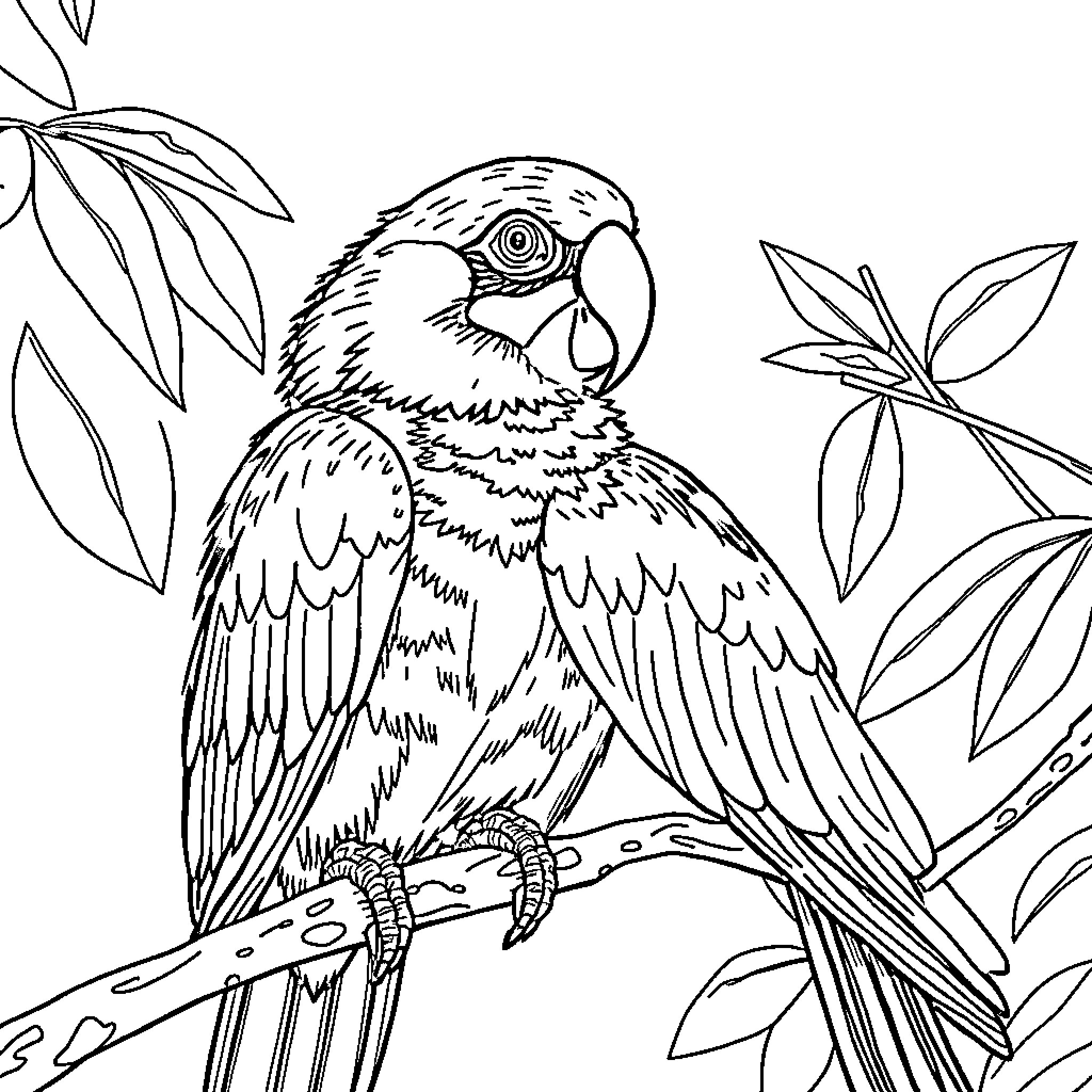 Parrot perched amidst tropical foliage Coloring Page (free black-and-white line drawing printable PDF for all, from beginners to advanced learners, including children, teens, adults, and seniors)