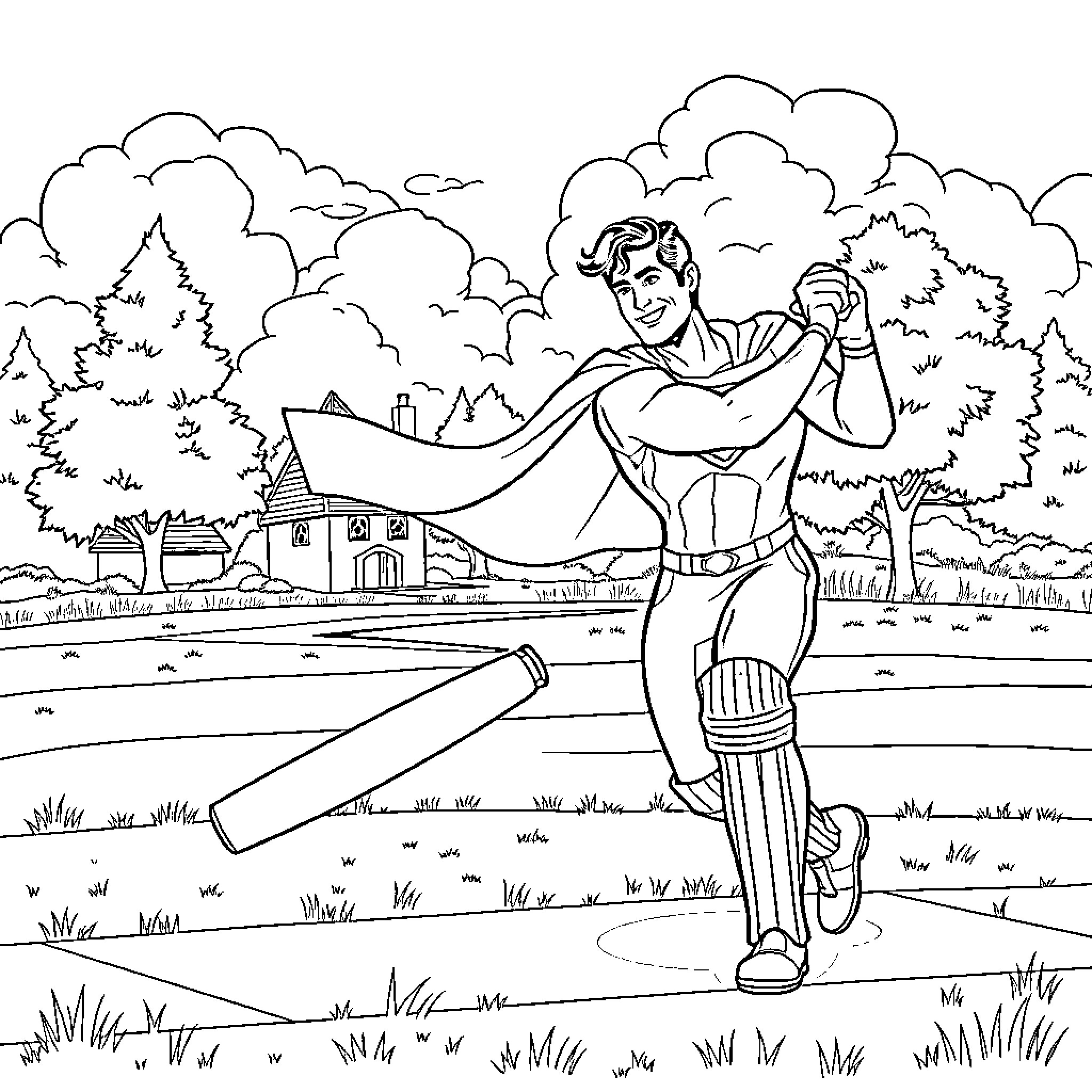 Superman relaxing in the countryside Coloring Page (free black-and-white line drawing printable PDF for all, from beginners to advanced learners, including children, teens, adults, and seniors)