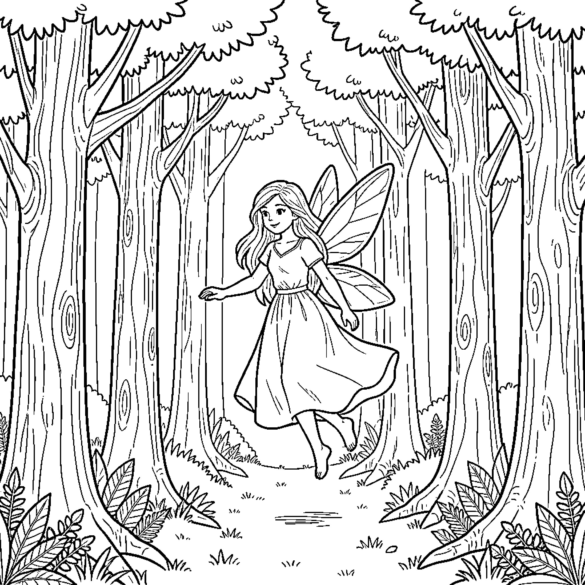 Fairy dancing joyfully in a magical forest Coloring Page (free black-and-white line drawing printable PDF for all, from beginners to advanced learners, including children, teens, adults, and seniors)