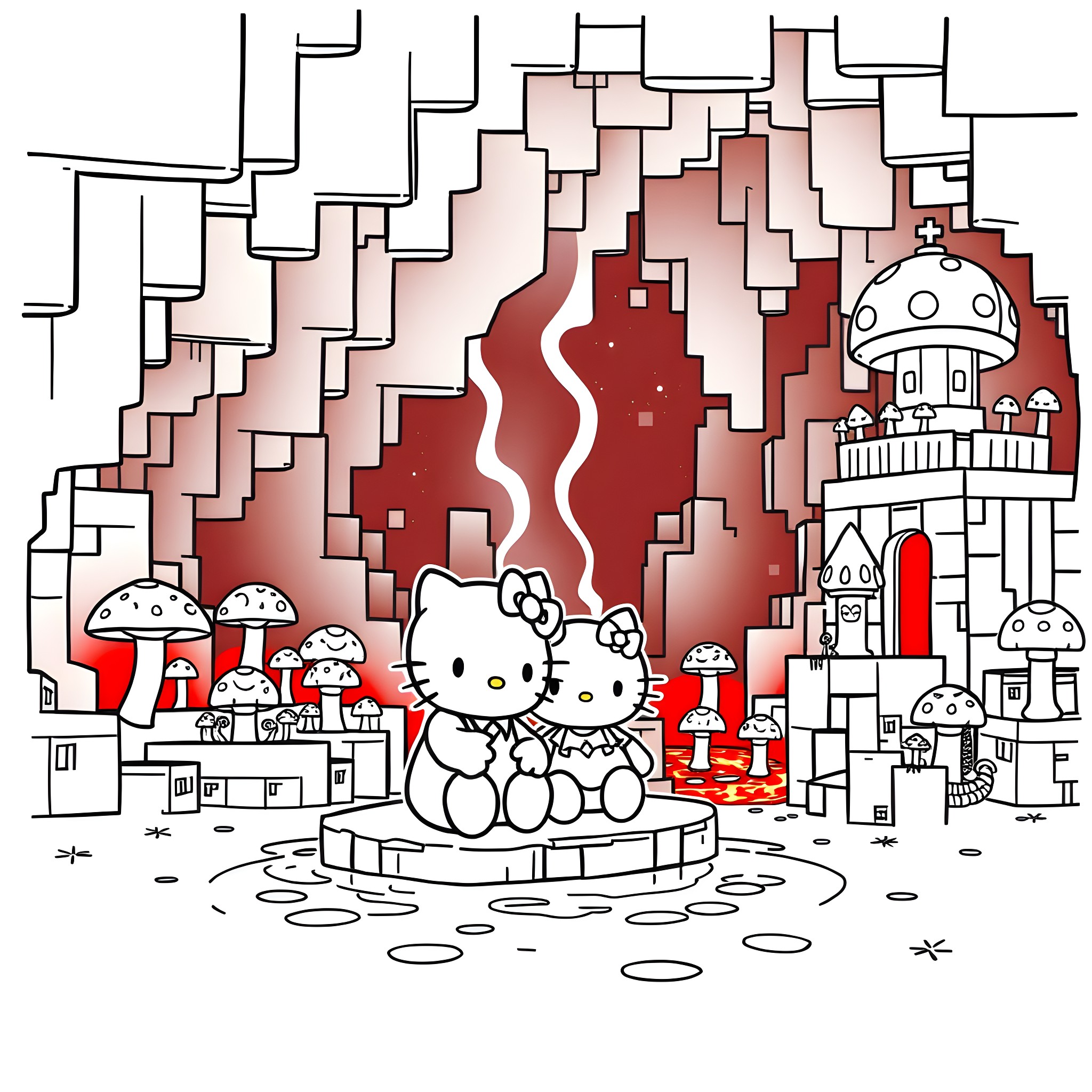 Hello Kitty playing with friends in a fantastical landscape Coloring Page (free black-and-white line drawing printable PDF for all, from beginners to advanced learners, including children, teens, adults, and seniors)