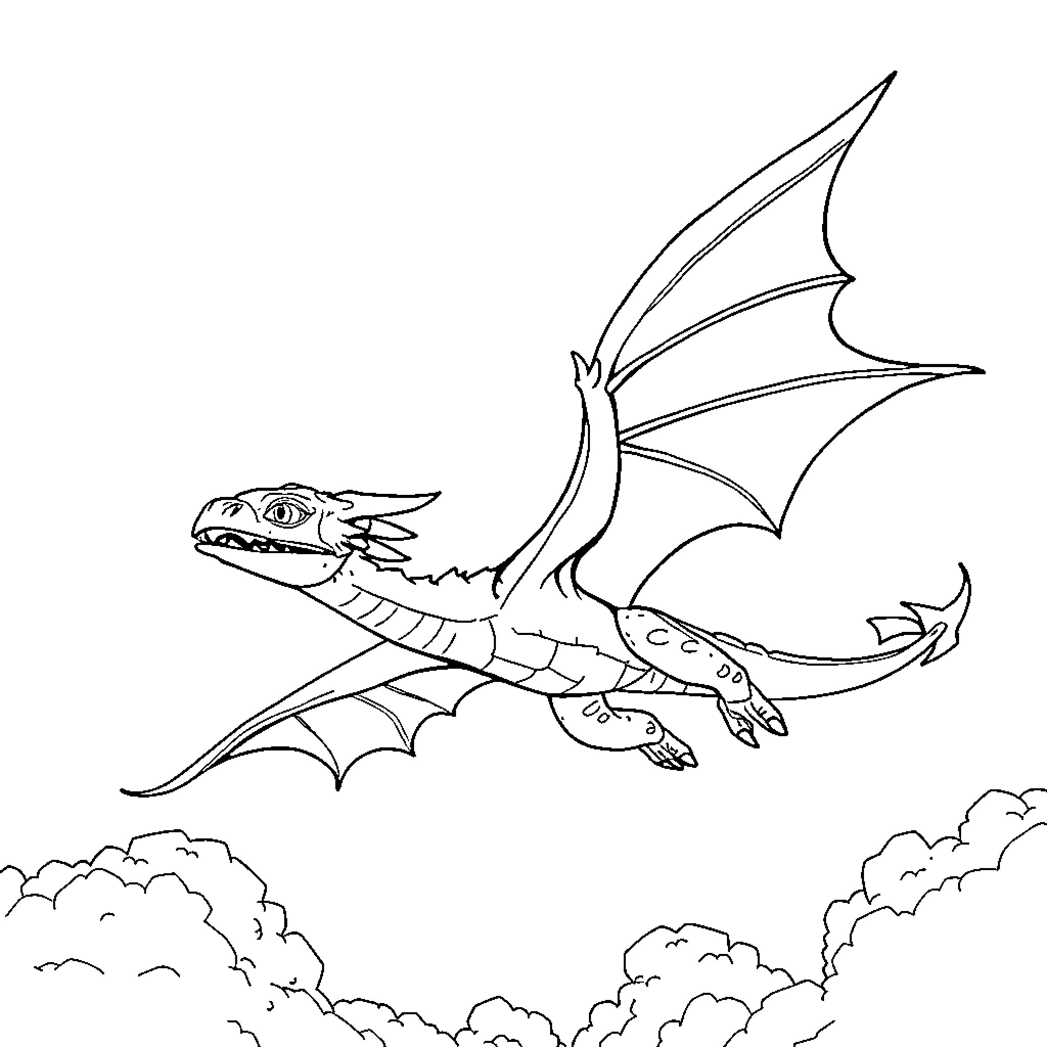 Dragon soaring through the clouds Coloring Page (free black-and-white line drawing printable PDF for all, from beginners to advanced learners, including children, teens, adults, and seniors)