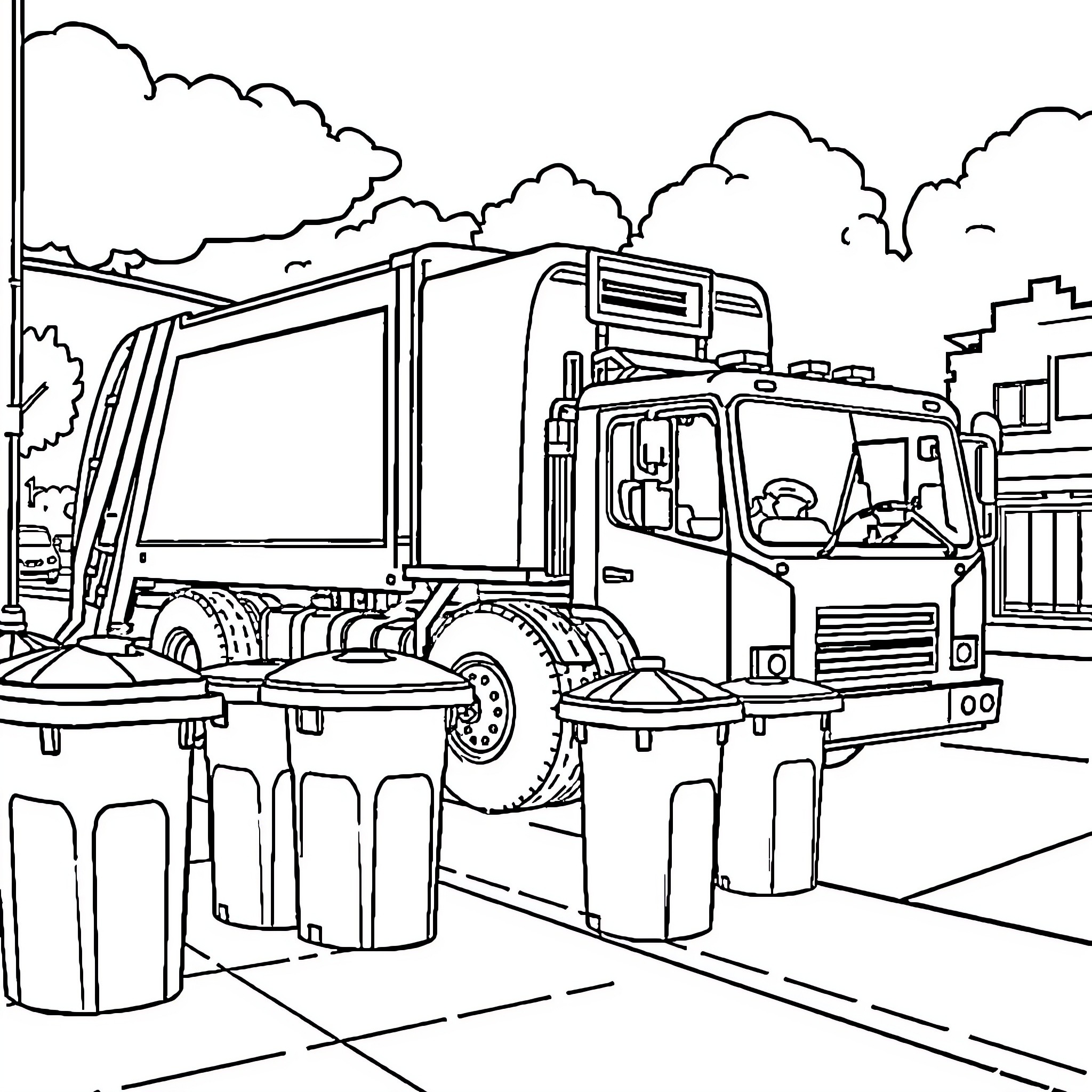 Garbage Truck Collecting Waste on City Street Coloring Page (free black-and-white line drawing printable PDF for all, from beginners to advanced learners, including children, teens, adults, and seniors)