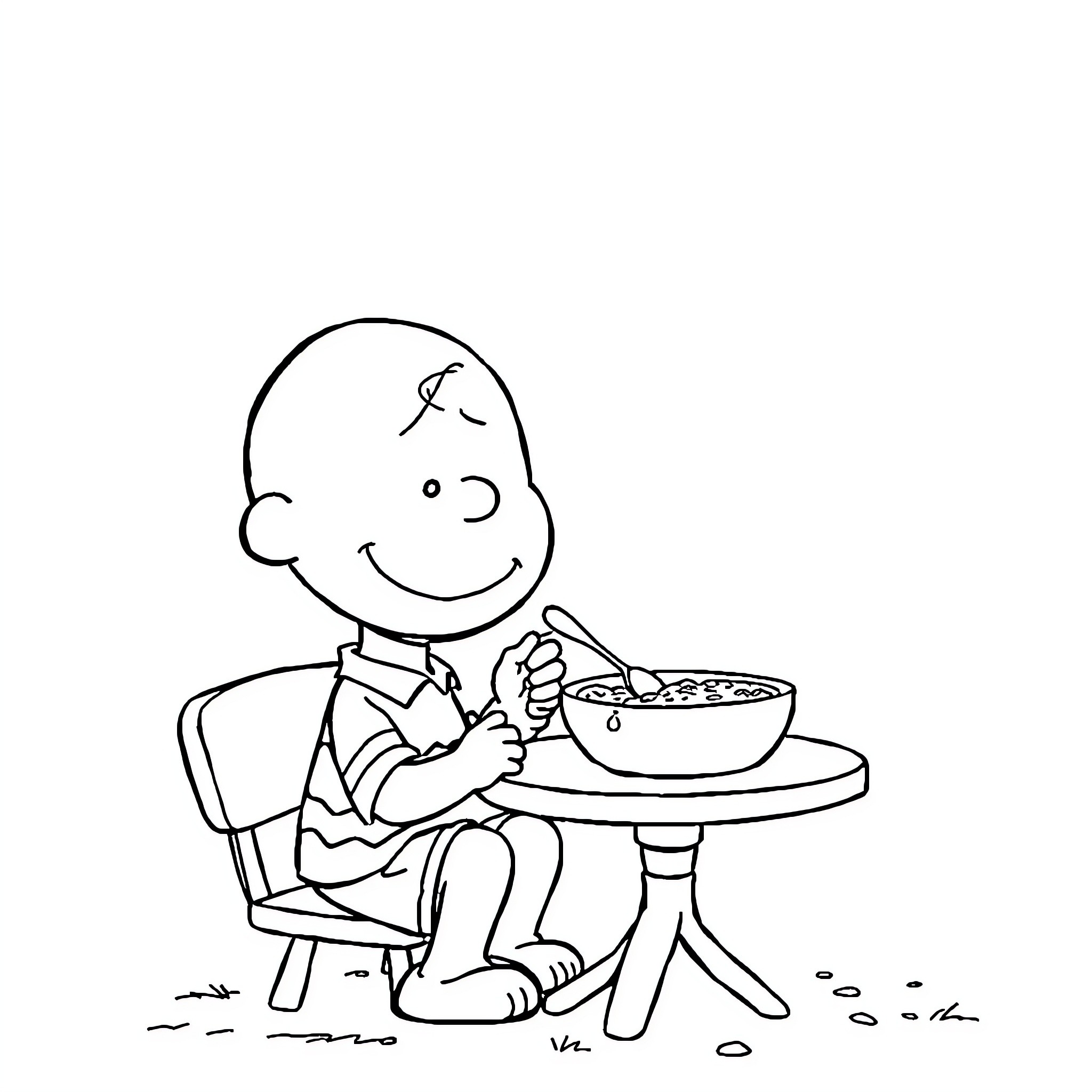 Charlie Brown Enjoying a Meal Coloring Page (free black-and-white line drawing printable PDF for all, from beginners to advanced learners, including children, teens, adults, and seniors)