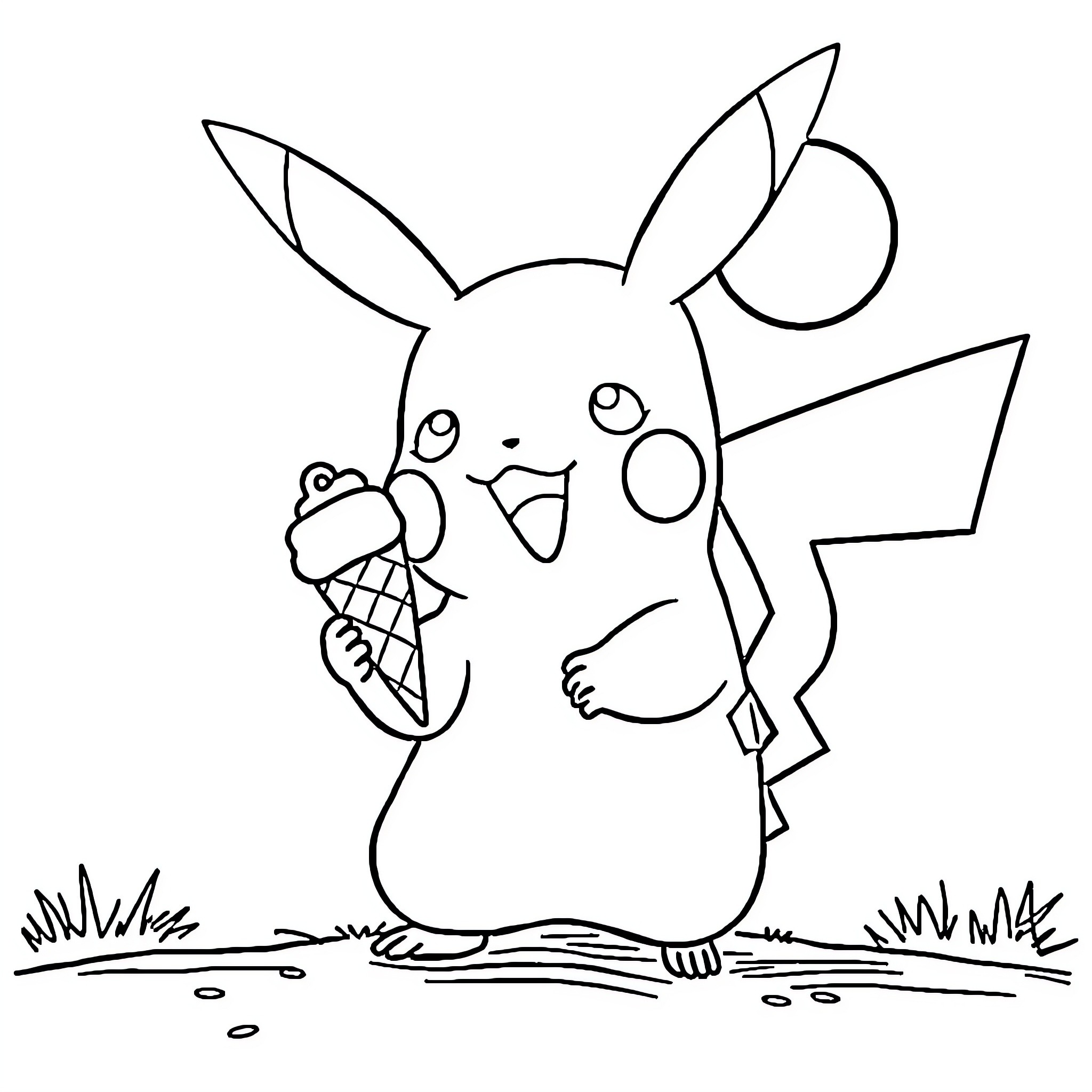 Pikachu enjoying a tasty ice cream treat Coloring Page (free black-and-white line drawing printable PDF for all, from beginners to advanced learners, including children, teens, adults, and seniors)