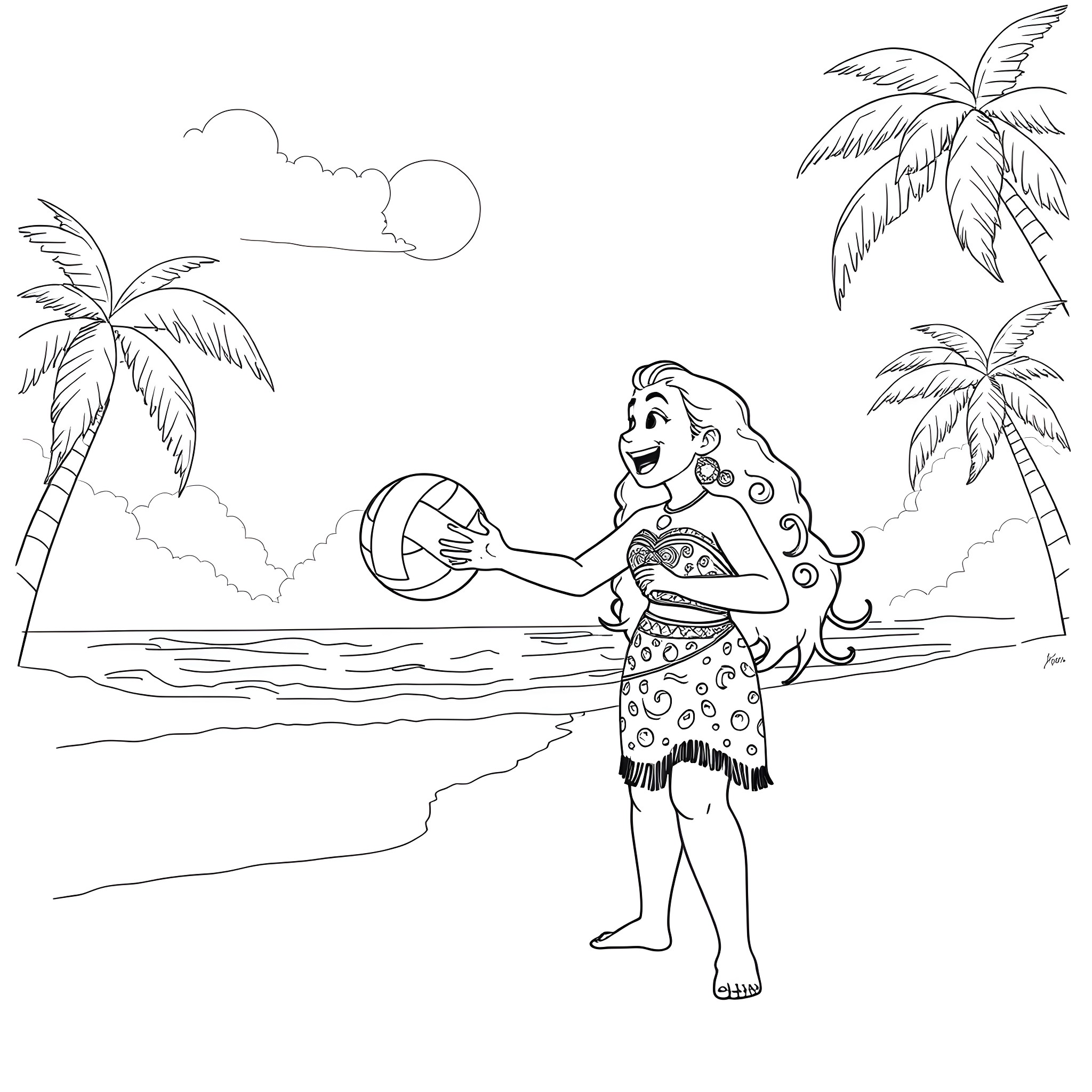 Moana enjoying a sunny day on the beach Coloring Page (free black-and-white line drawing printable PDF for all, from beginners to advanced learners, including children, teens, adults, and seniors)