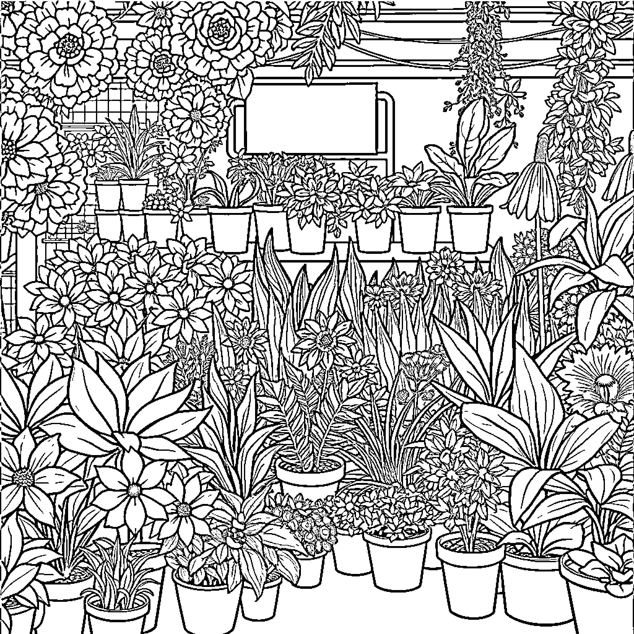 Plant-filled greenhouse with various blooming flowers Coloring Page (free black-and-white line drawing printable PDF for all, from beginners to advanced learners, including children, teens, adults, and seniors)