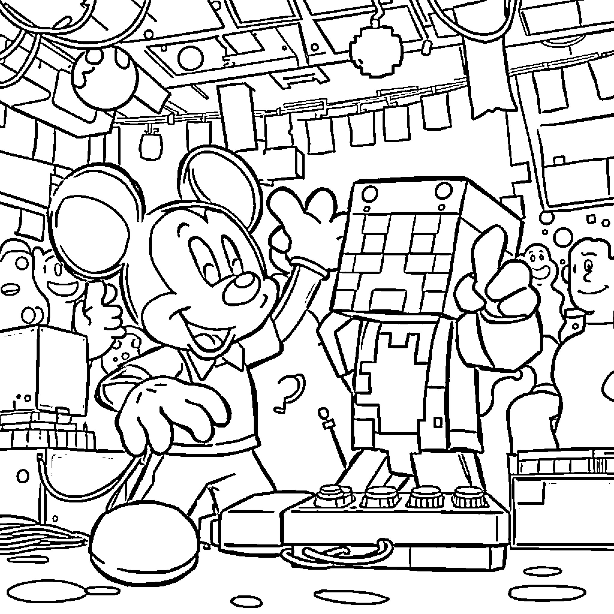 Mickey's Fun-Filled Workshop Adventure Coloring Page (free black-and-white line drawing printable PDF for all, from beginners to advanced learners, including children, teens, adults, and seniors)