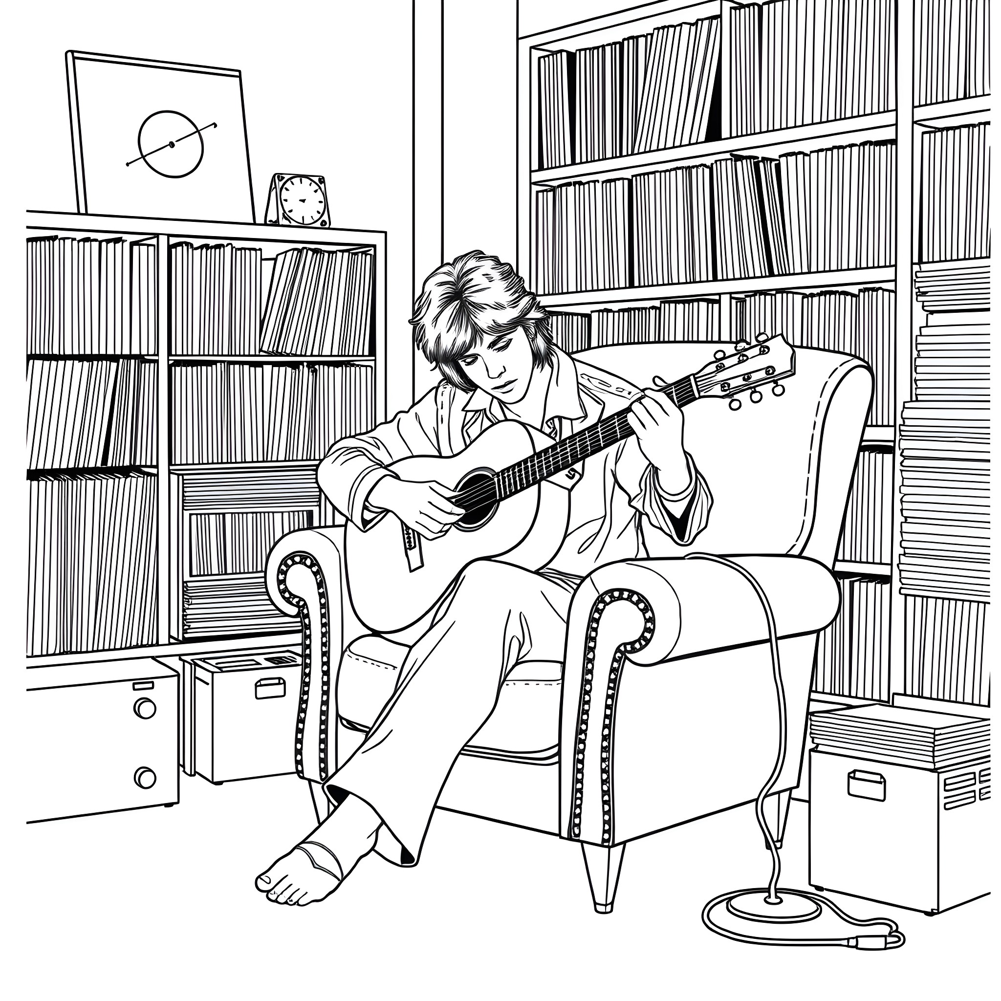Stevie playing guitar in a cozy library Coloring Page (free black-and-white line drawing printable PDF for all, from beginners to advanced learners, including children, teens, adults, and seniors)