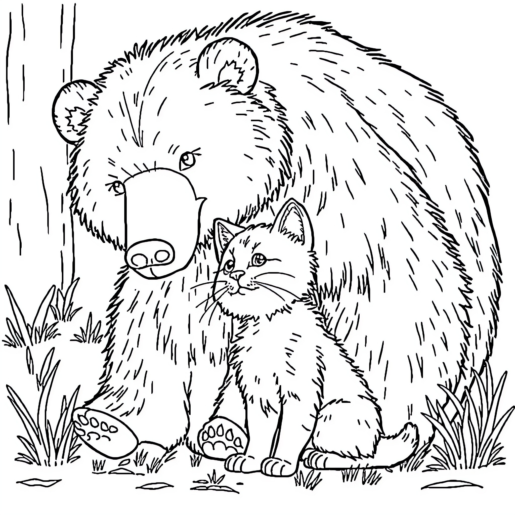 Cat and Bear Encounter in the Forest Coloring Page (free black-and-white line drawing printable PDF for all, from beginners to advanced learners, including children, teens, adults, and seniors)