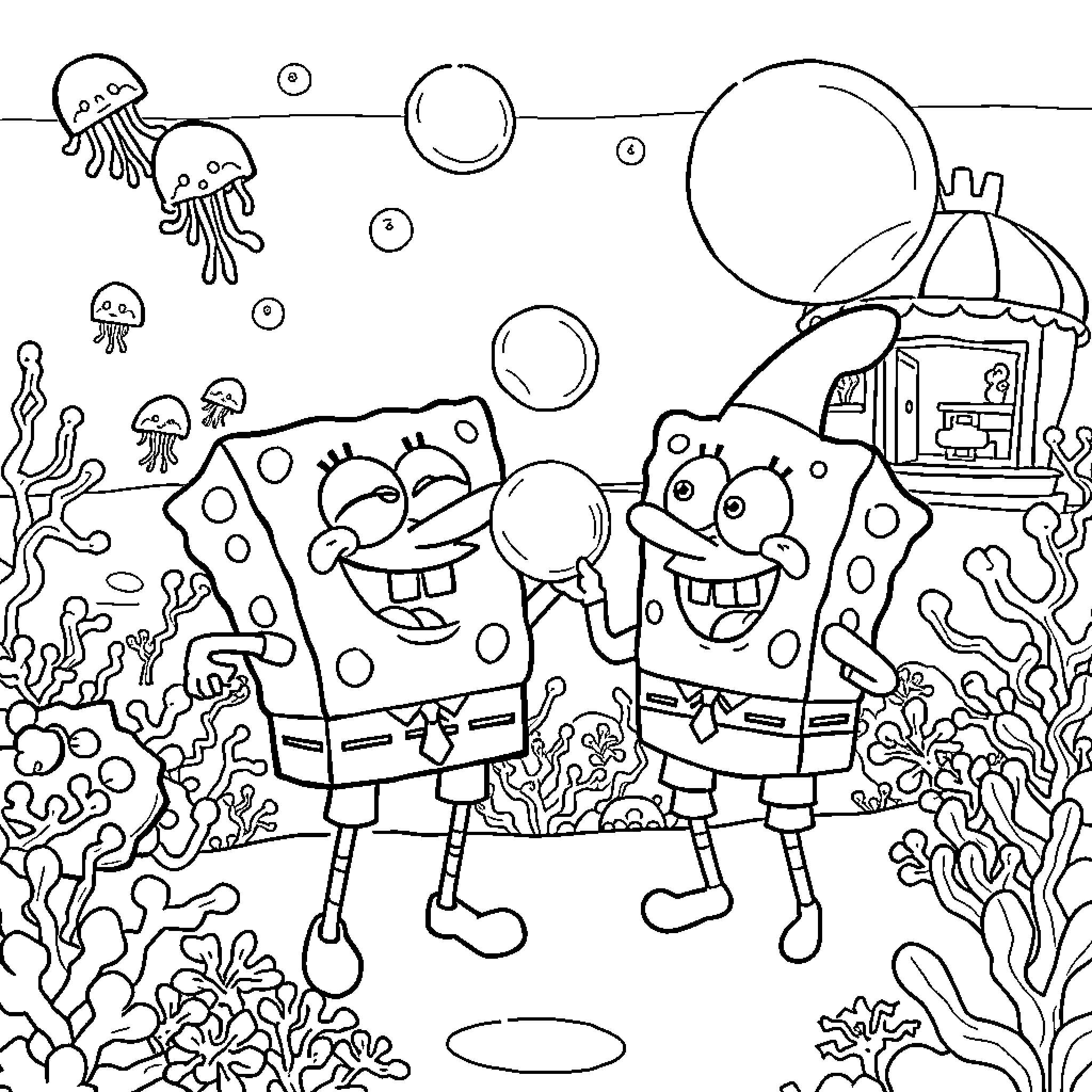 Spongebob and friends explore the underwater world Coloring Page (free black-and-white line drawing printable PDF for all, from beginners to advanced learners, including children, teens, adults, and seniors)