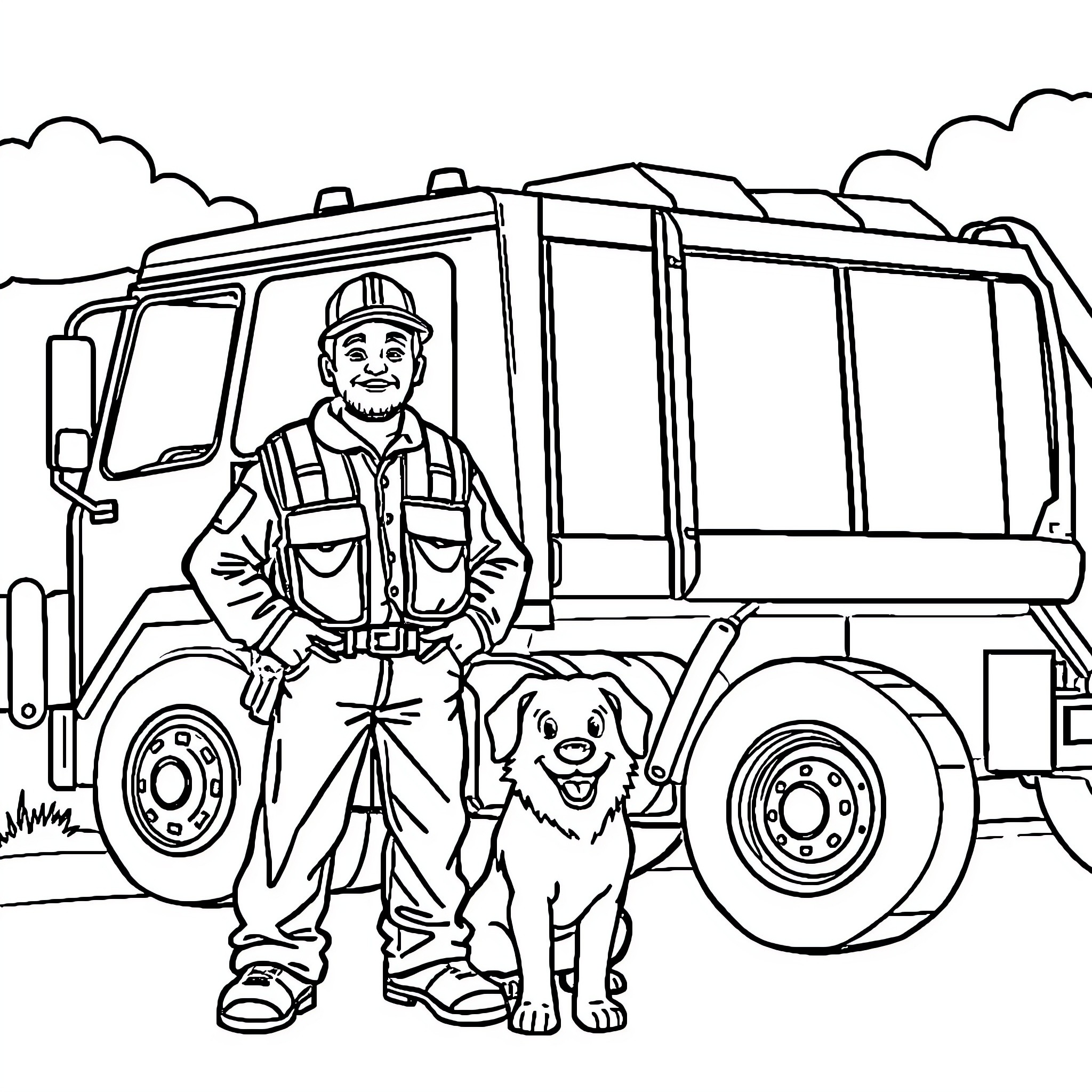 Garbage Man and His Loyal Companion Coloring Page (free black-and-white line drawing printable PDF for all, from beginners to advanced learners, including children, teens, adults, and seniors)