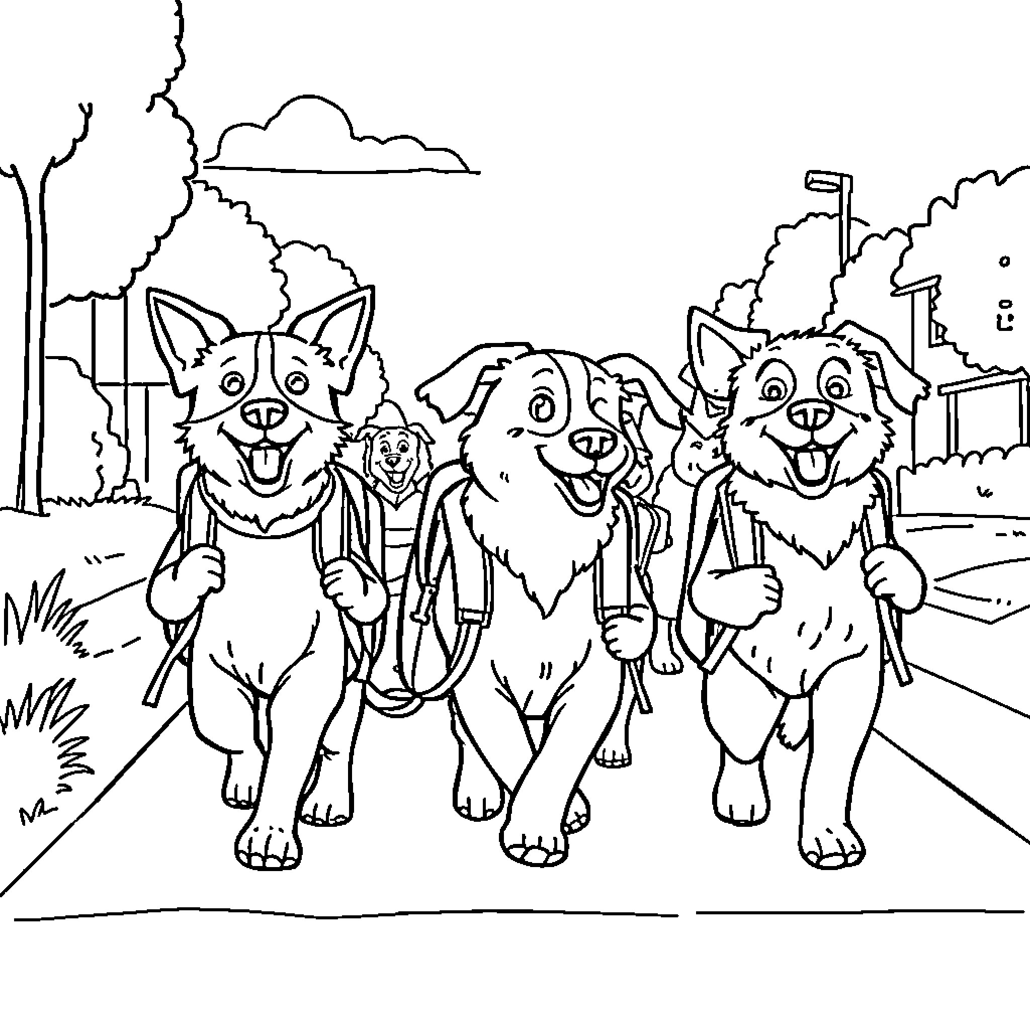 Dogs walking happily on a trail Coloring Page (free black-and-white line drawing printable PDF for all, from beginners to advanced learners, including children, teens, adults, and seniors)