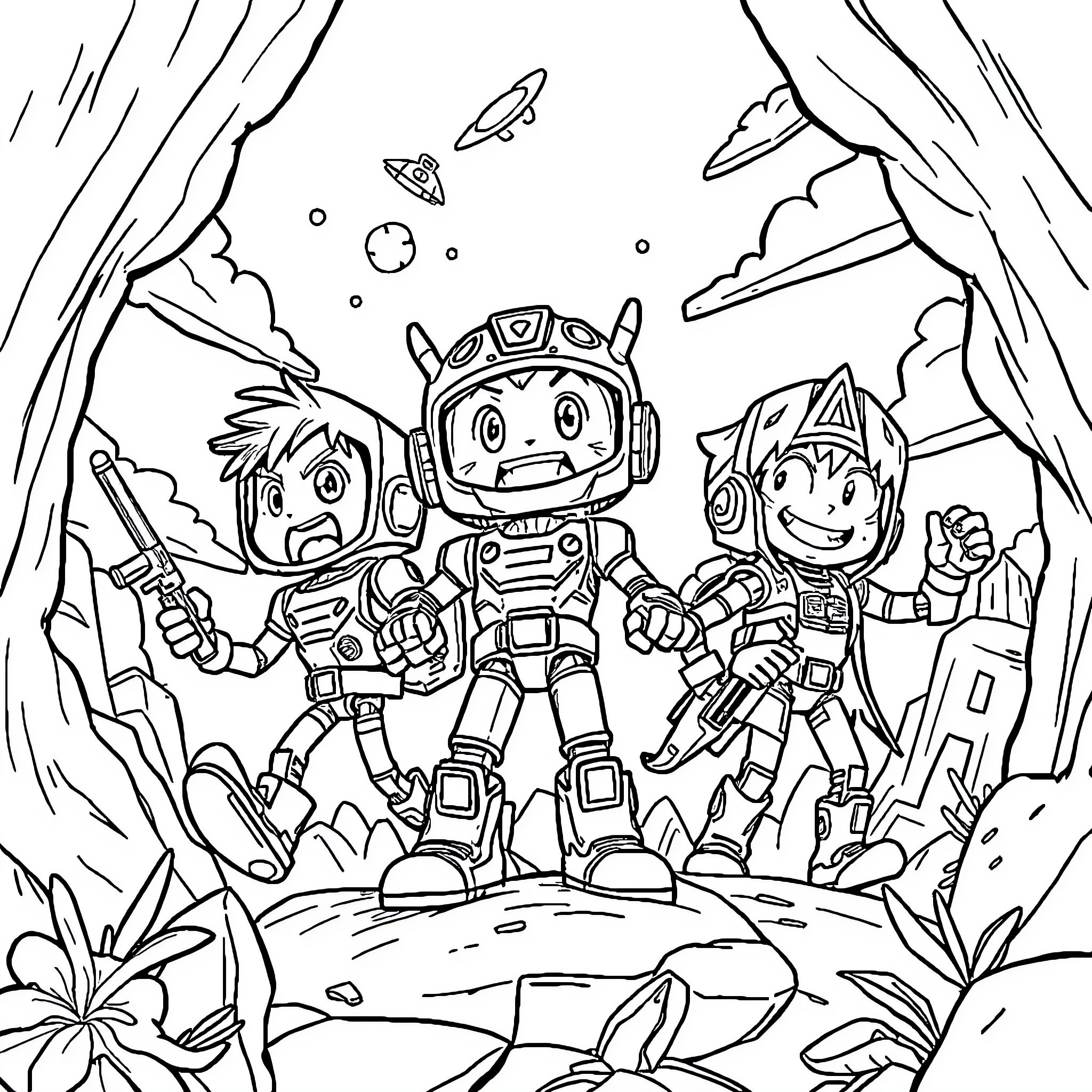Asroboy and Friends on an Exciting Space Adventure Coloring Page (free black-and-white line drawing printable PDF for all, from beginners to advanced learners, including children, teens, adults, and seniors)