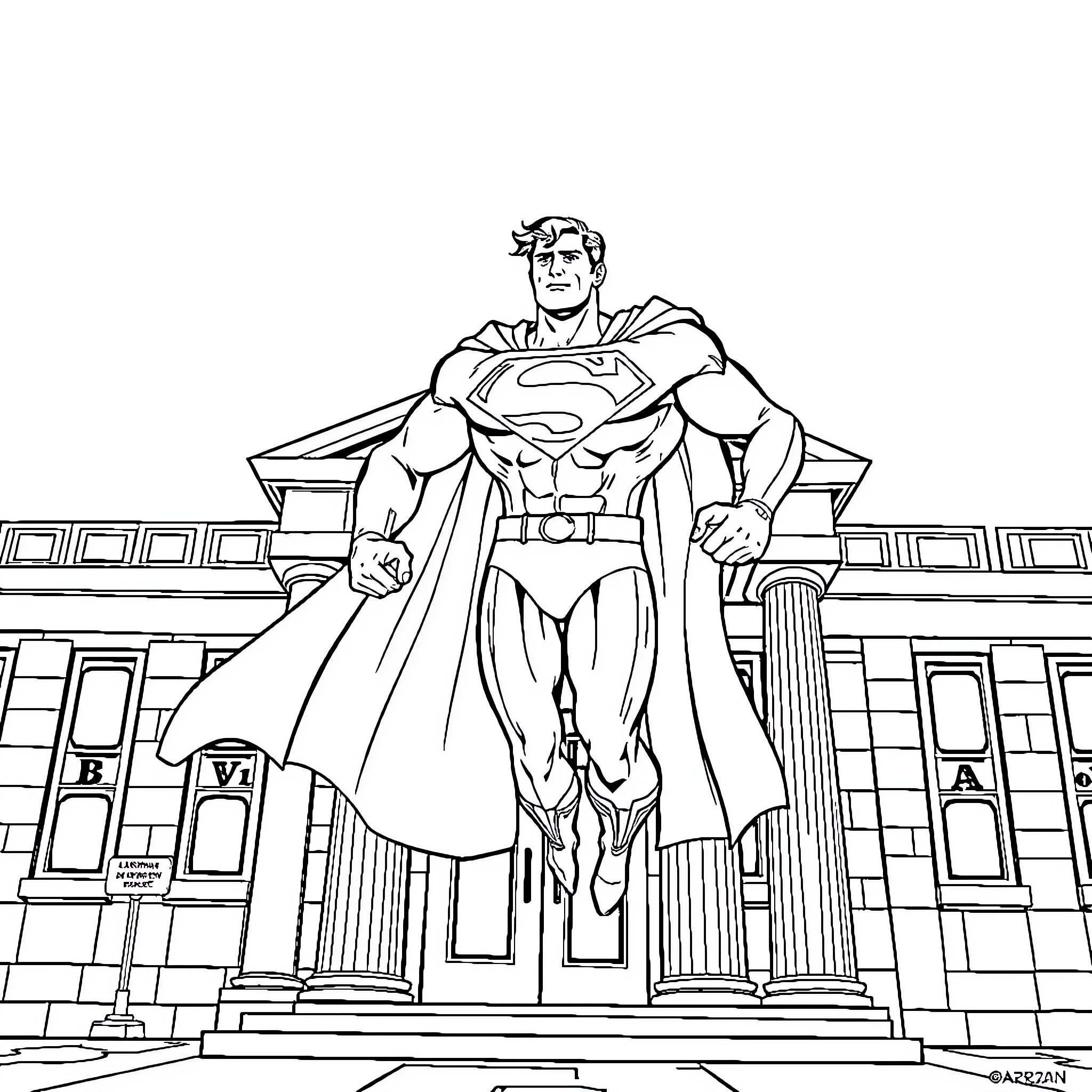 Superman standing heroically in front of a building Coloring Page (free black-and-white line drawing printable PDF for all, from beginners to advanced learners, including children, teens, adults, and seniors)