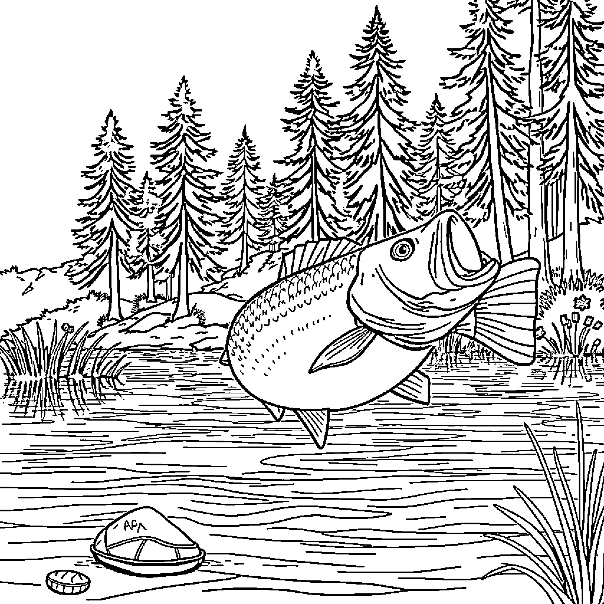 Bass leaping in the serene forest river Coloring Page (free black-and-white line drawing printable PDF for all, from beginners to advanced learners, including children, teens, adults, and seniors)