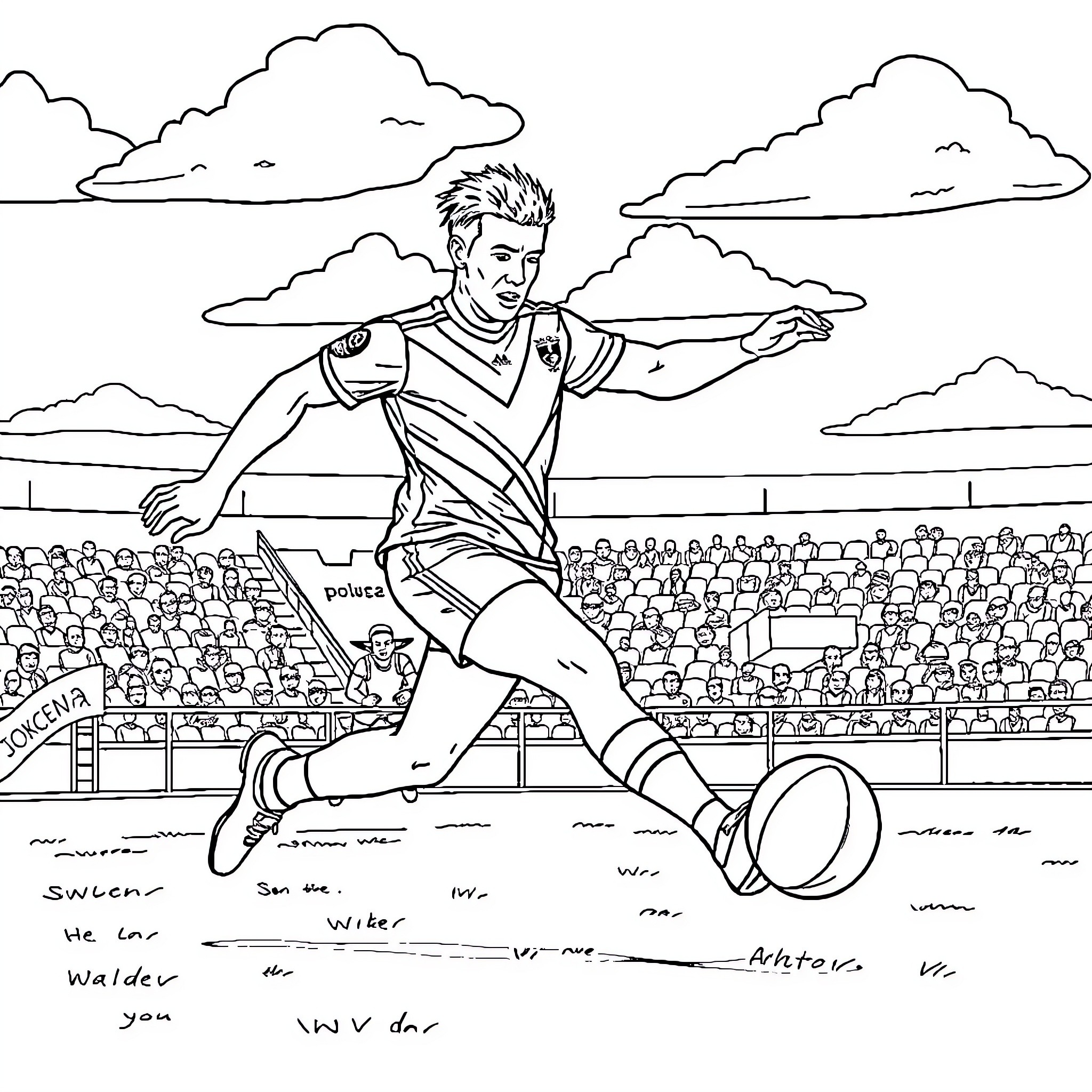 Australian Rules Football Player Kicking Ball in Stadium Coloring Page (free black-and-white line drawing printable PDF for all, from beginners to advanced learners, including children, teens, adults, and seniors)