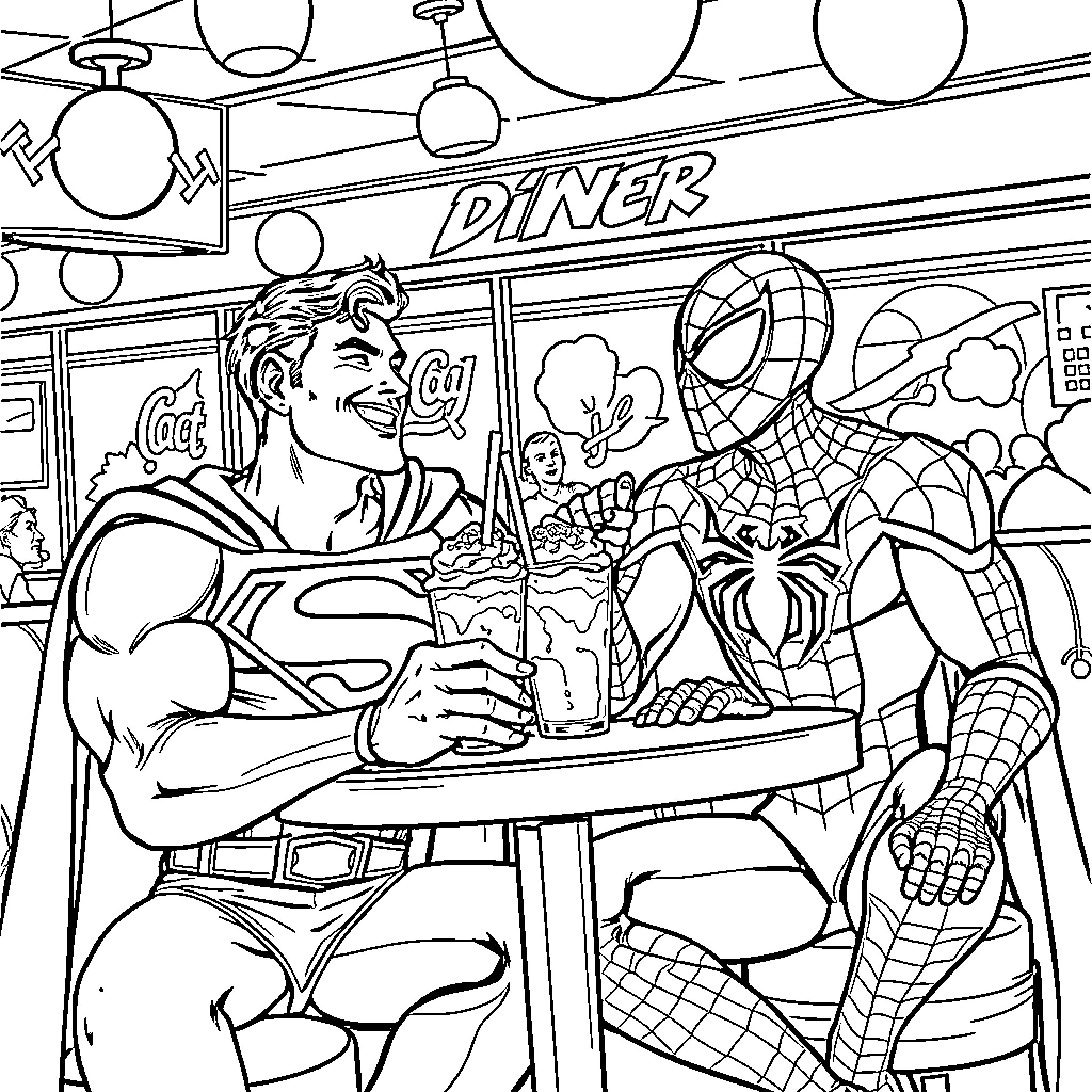 Superhero Diner Adventure: Heroes Dining Together Coloring Page (free black-and-white line drawing printable PDF for all, from beginners to advanced learners, including children, teens, adults, and seniors)
