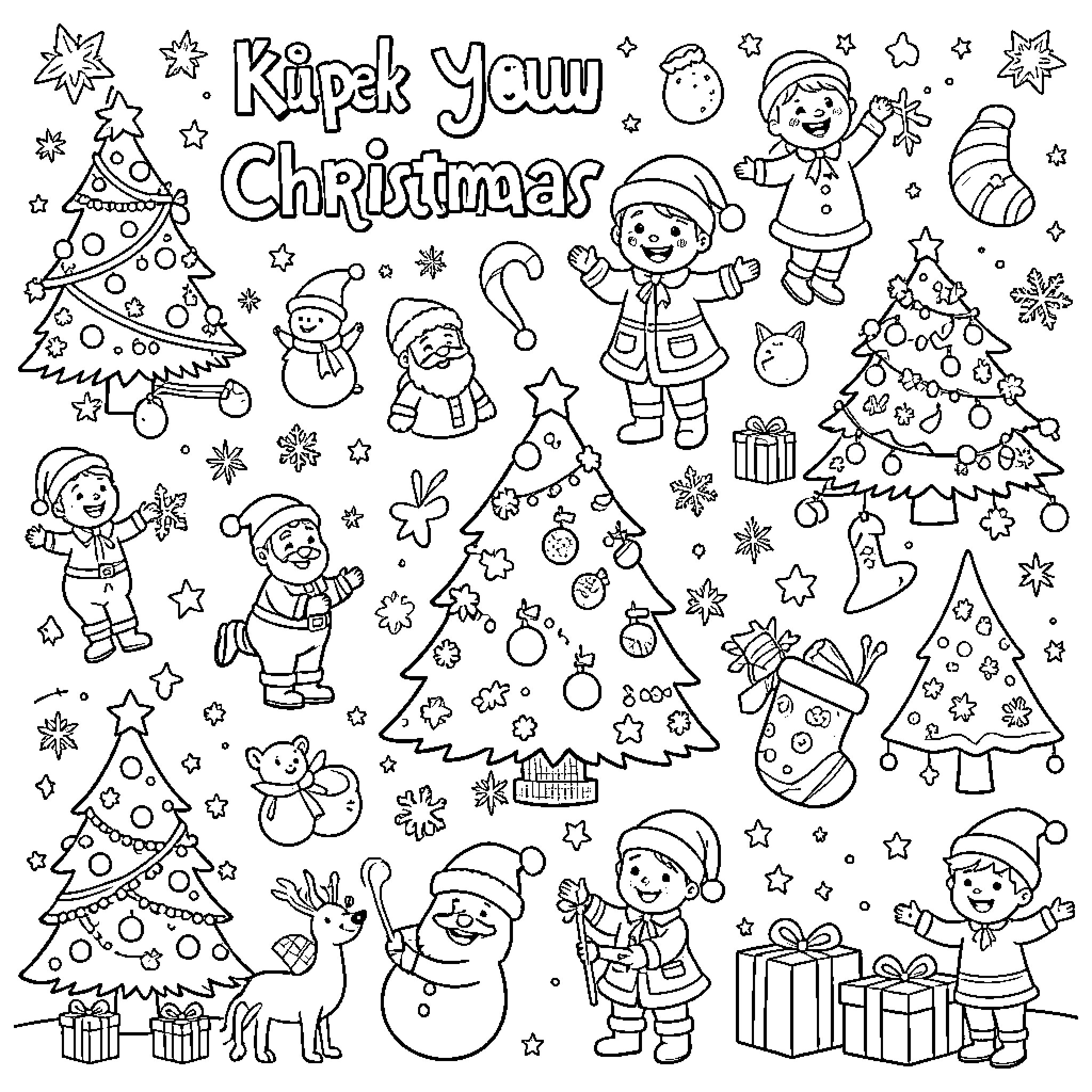 Christmas characters and decorations in a festive scene Coloring Page (free black-and-white line drawing printable PDF for all, from beginners to advanced learners, including children, teens, adults, and seniors)