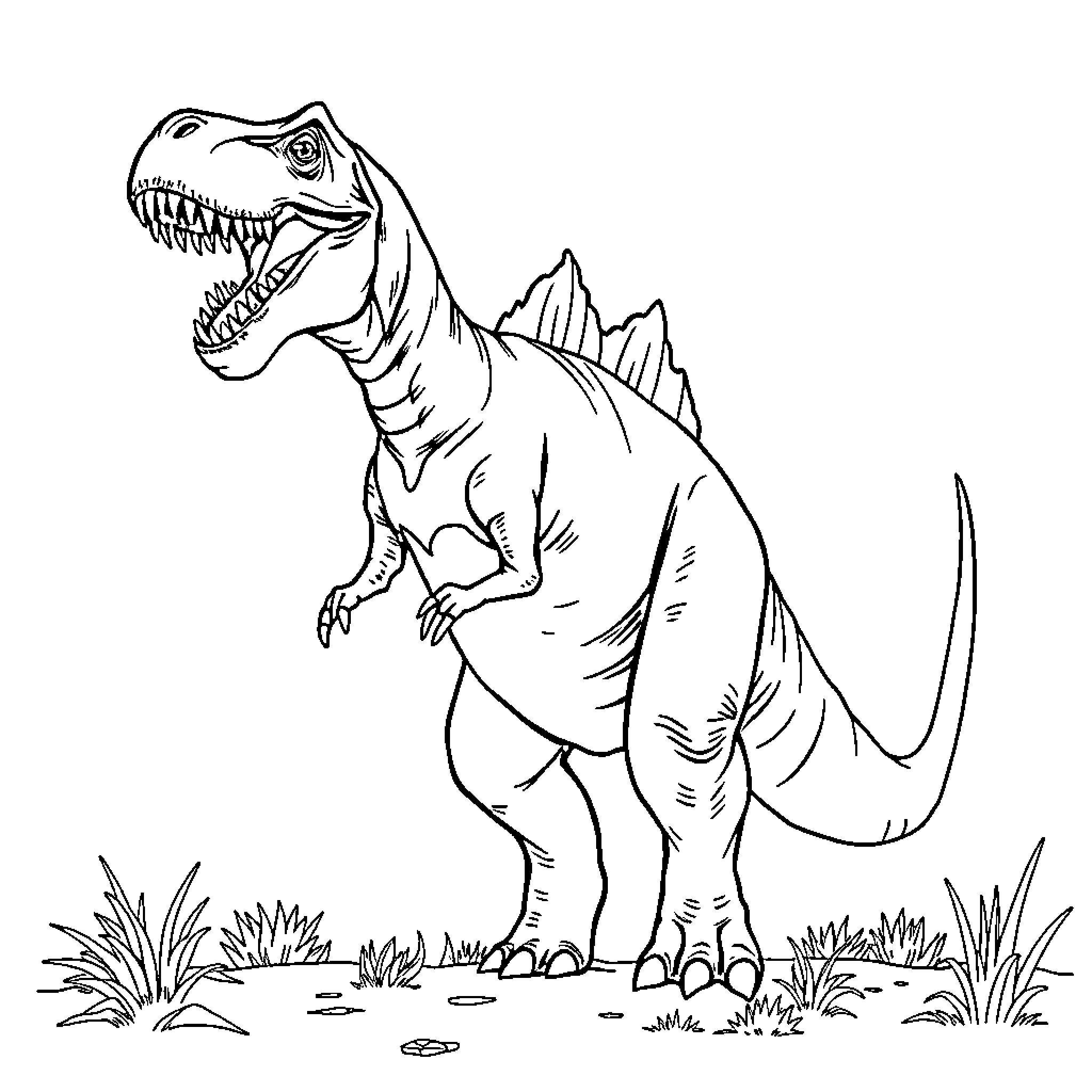 Dinosaur roaring aggressively in a natural setting Coloring Page (free black-and-white line drawing printable PDF for all, from beginners to advanced learners, including children, teens, adults, and seniors)