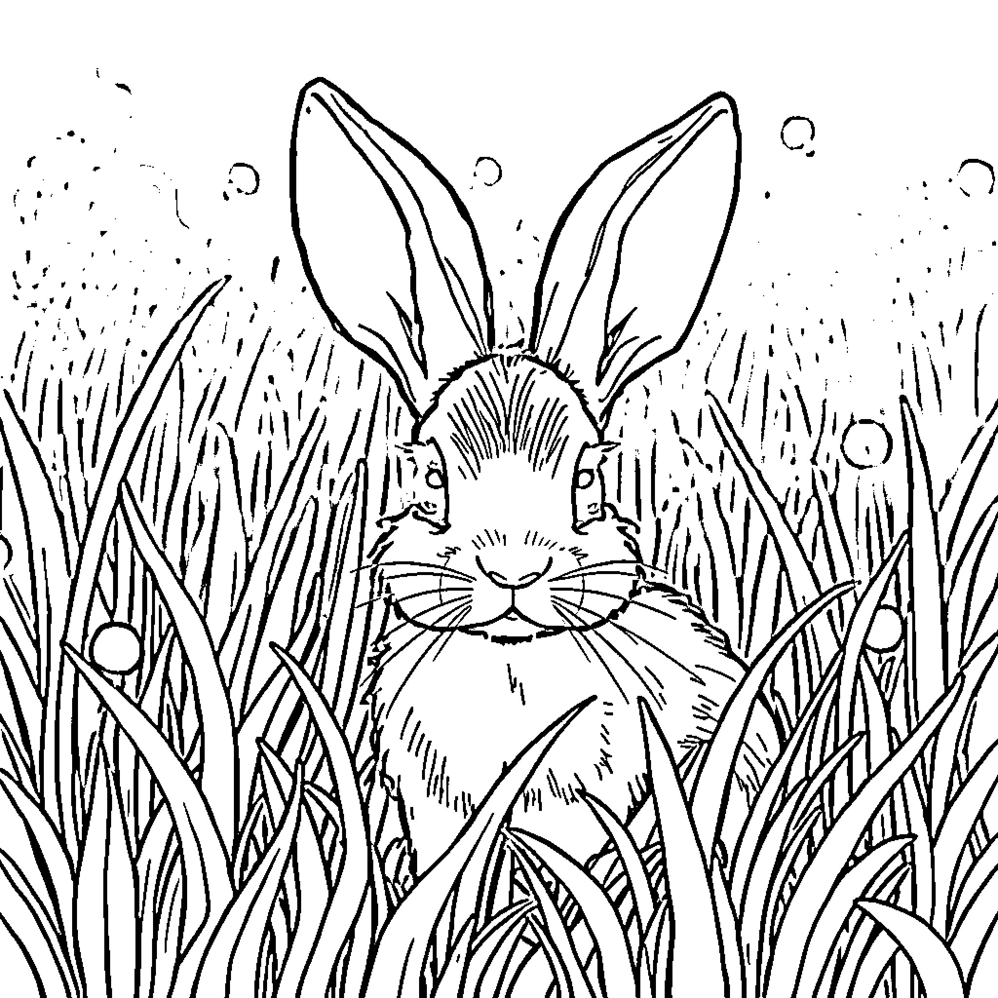 Rabbit hidden in tall grass Coloring Page (free black-and-white line drawing printable PDF for all, from beginners to advanced learners, including children, teens, adults, and seniors)