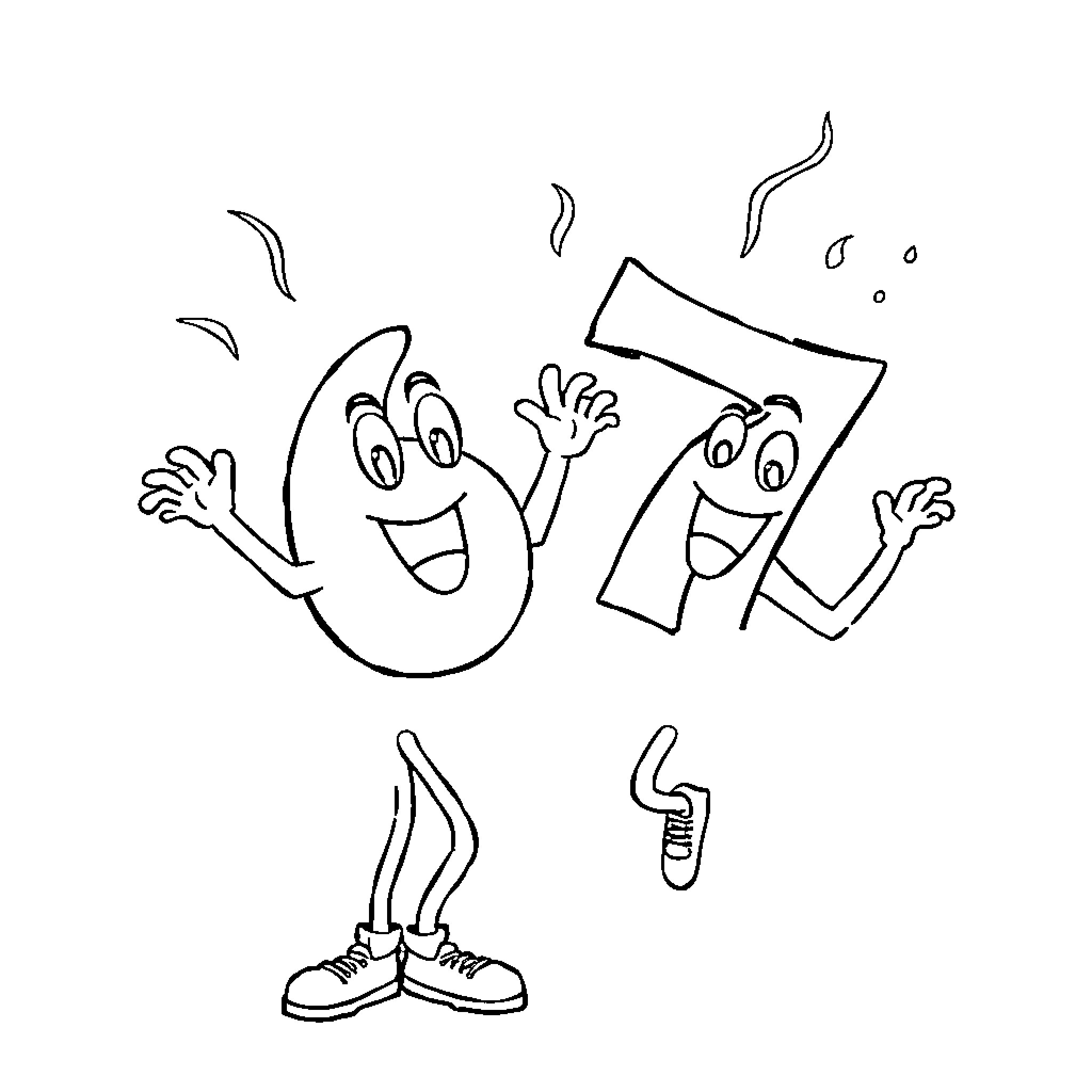 Number Fun Cartoon Characters Expressing Joy Coloring Page (free black-and-white line drawing printable PDF for all, from beginners to advanced learners, including children, teens, adults, and seniors)