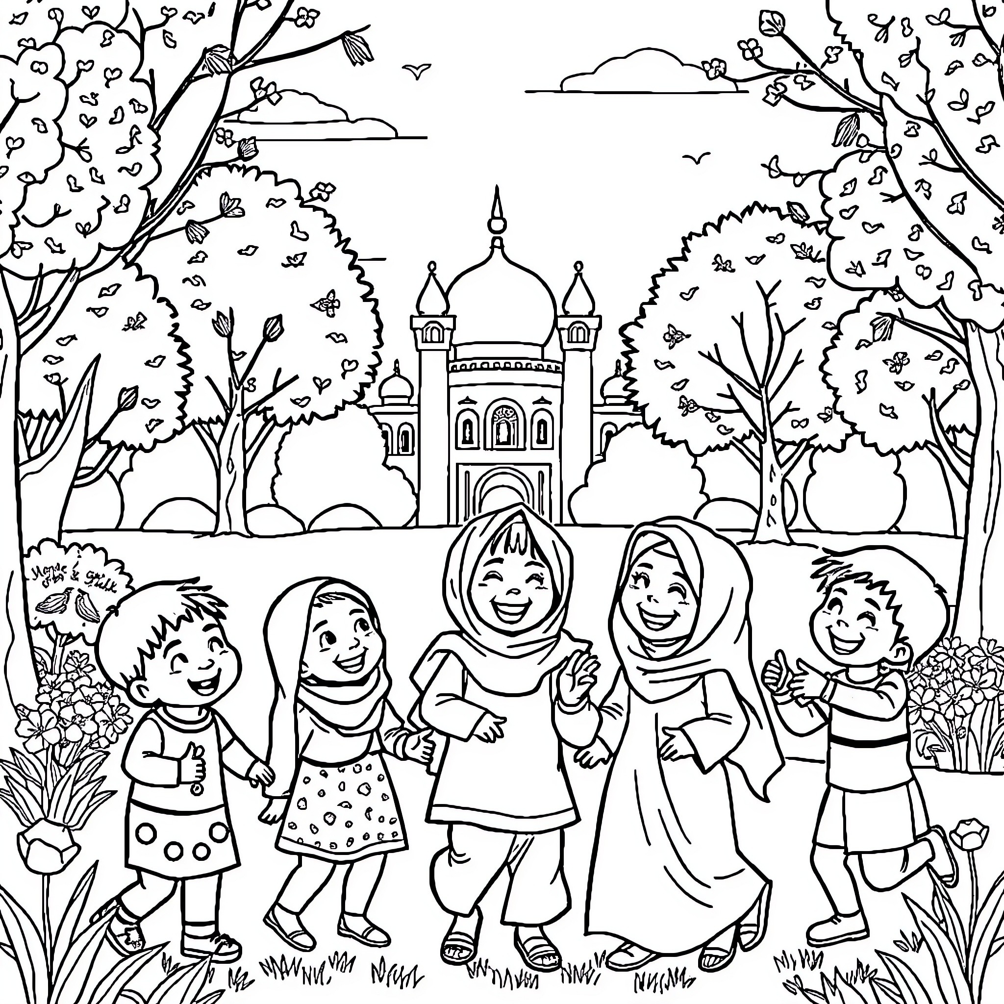 Children playing and exploring in a scenic park Coloring Page (free black-and-white line drawing printable PDF for all, from beginners to advanced learners, including children, teens, adults, and seniors)