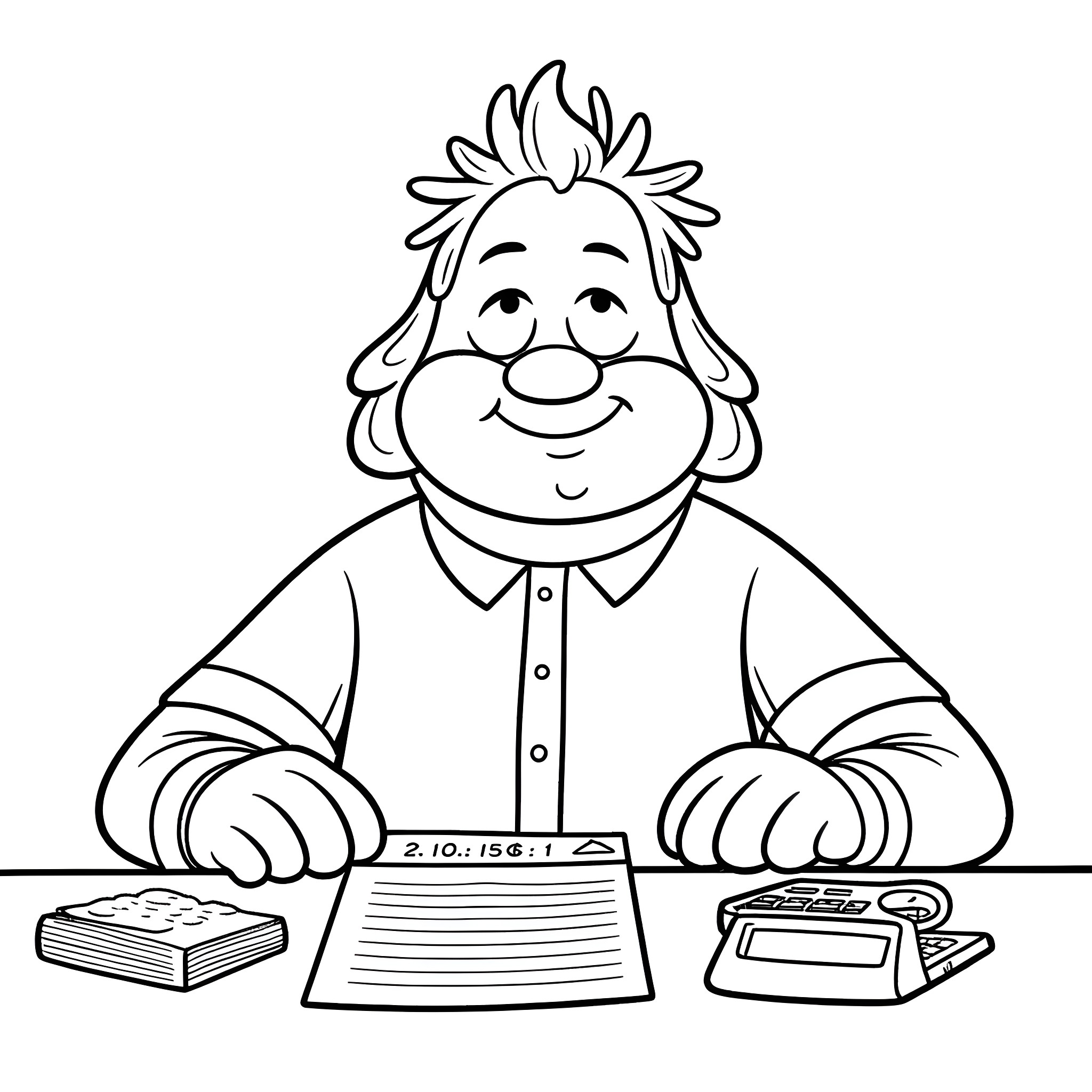 Bill Cipher sitting at a desk, working diligently Coloring Page (free black-and-white line drawing printable PDF for all, from beginners to advanced learners, including children, teens, adults, and seniors)