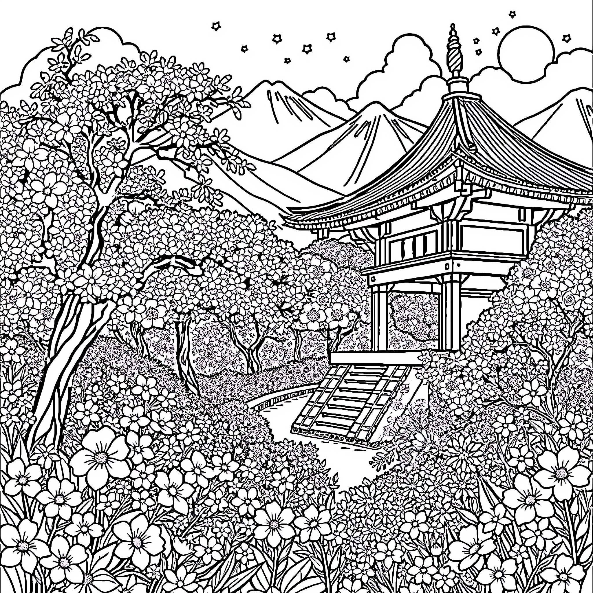 Japanese Landscape with Traditional Architecture and Lush Foliage Coloring Page (free black-and-white line drawing printable PDF for all, from beginners to advanced learners, including children, teens, adults, and seniors)