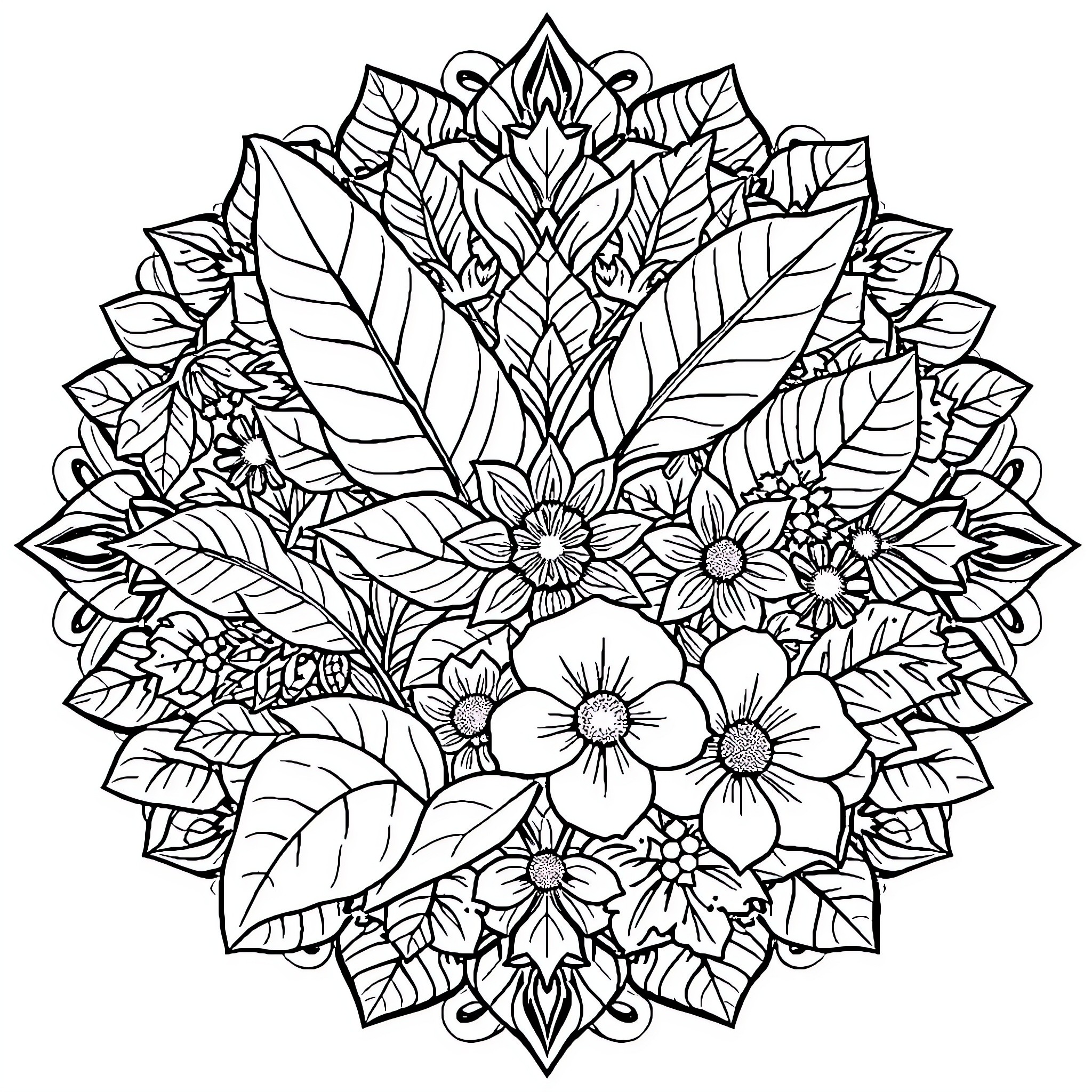Mandala of Intricate Floral Designs Coloring Page (free black-and-white line drawing printable PDF for all, from beginners to advanced learners, including children, teens, adults, and seniors)