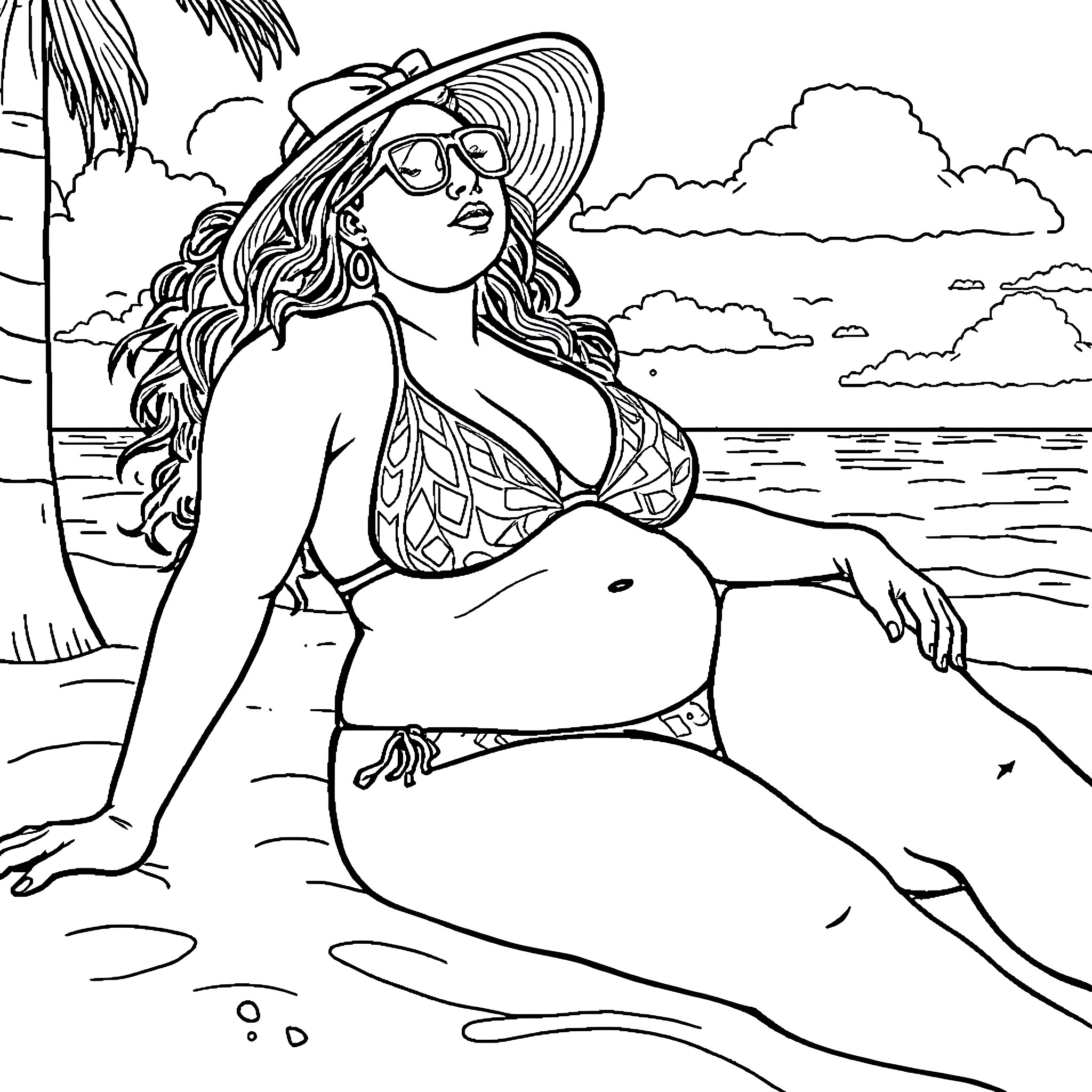 Lady relaxing on the beach Coloring Page (free black-and-white line drawing printable PDF for all, from beginners to advanced learners, including children, teens, adults, and seniors)