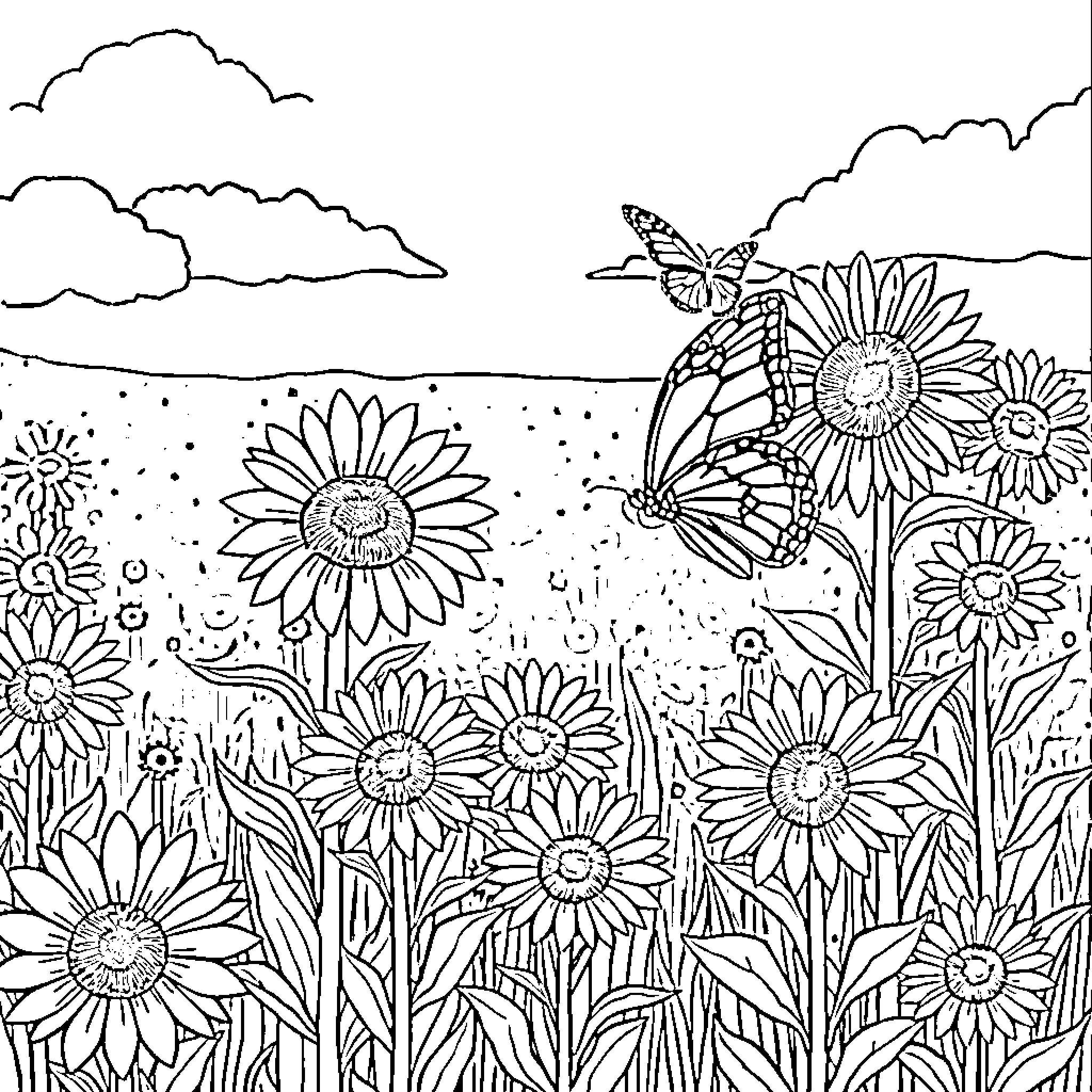 Butterfly among sunflowers in a scenic landscape Coloring Page (free black-and-white line drawing printable PDF for all, from beginners to advanced learners, including children, teens, adults, and seniors)