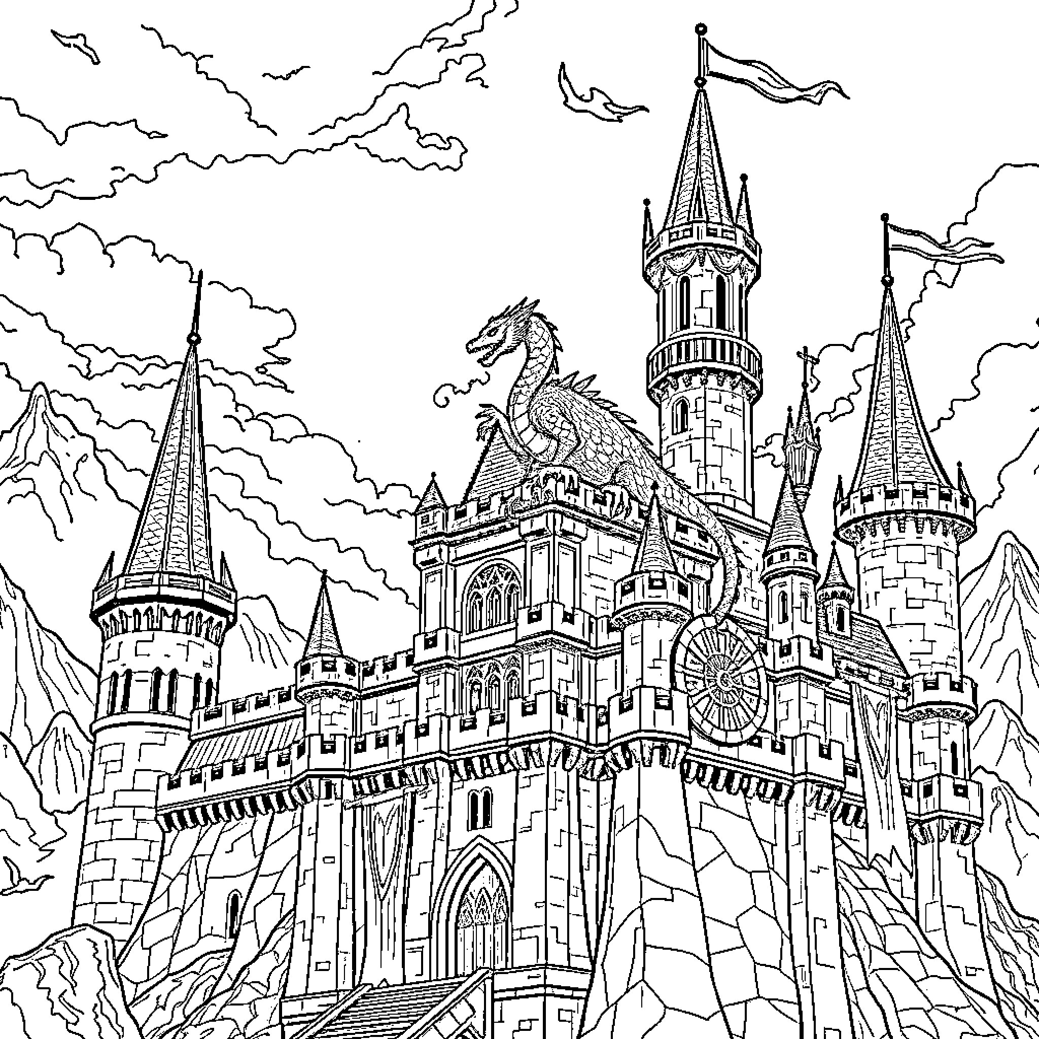 Dragon guarding a magnificent fantasy castle Coloring Page (free black-and-white line drawing printable PDF for all, from beginners to advanced learners, including children, teens, adults, and seniors)