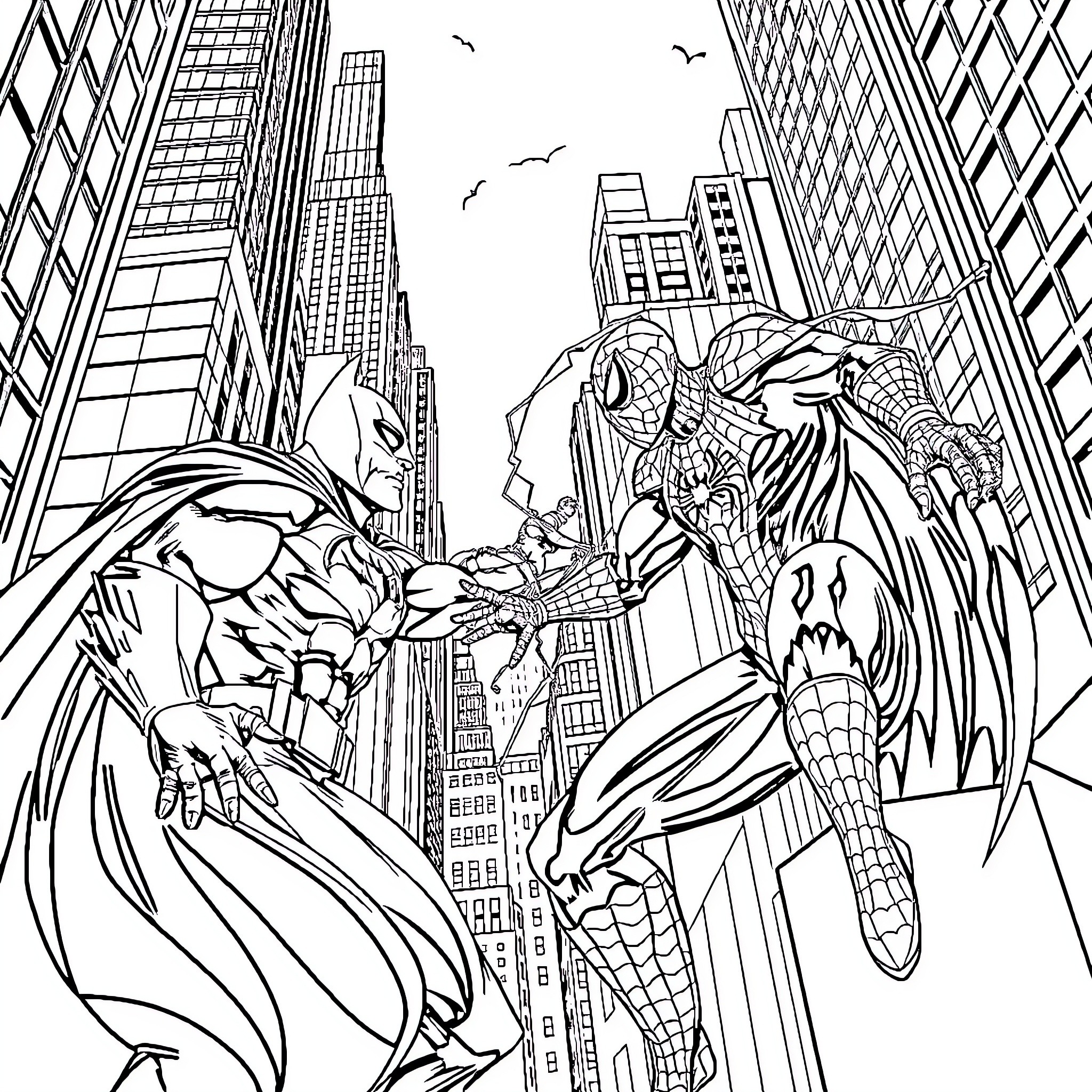 Batman and Spider-Man heroically fighting in the city Coloring Page (free black-and-white line drawing printable PDF for all, from beginners to advanced learners, including children, teens, adults, and seniors)