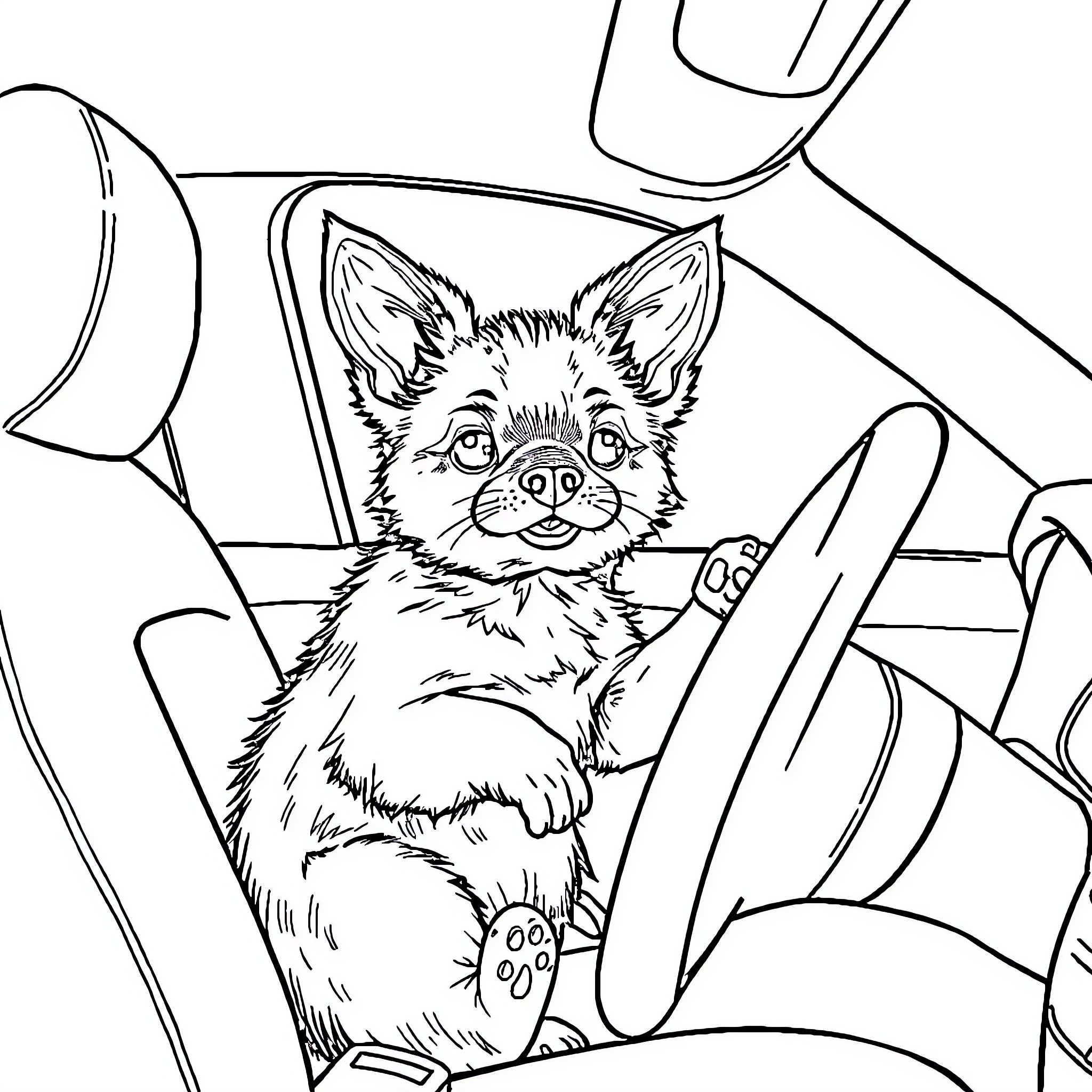 Dog riding in car window Coloring Page (free black-and-white line drawing printable PDF for all, from beginners to advanced learners, including children, teens, adults, and seniors)
