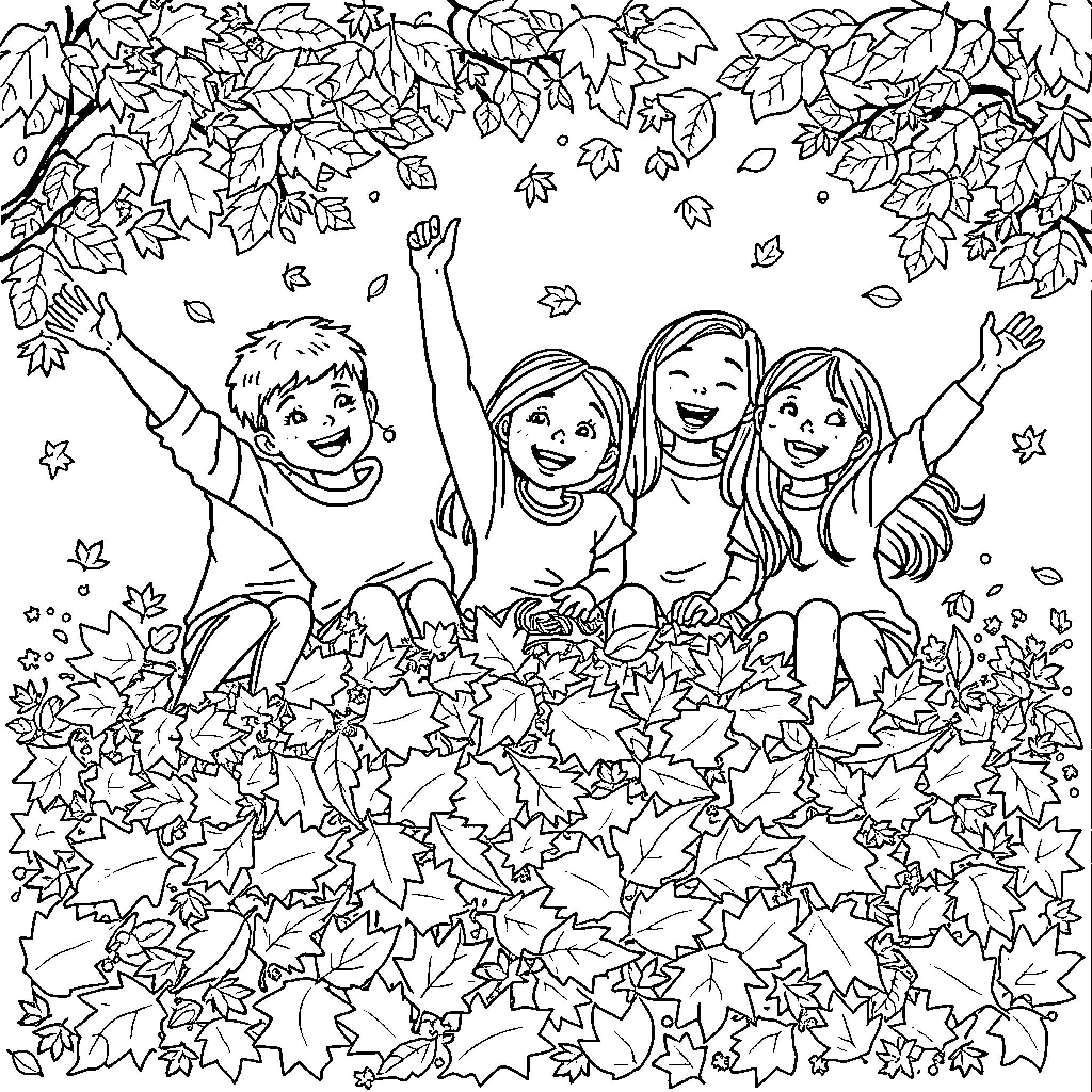 Students playing joyfully in autumn leaves Coloring Page (free black-and-white line drawing printable PDF for all, from beginners to advanced learners, including children, teens, adults, and seniors)