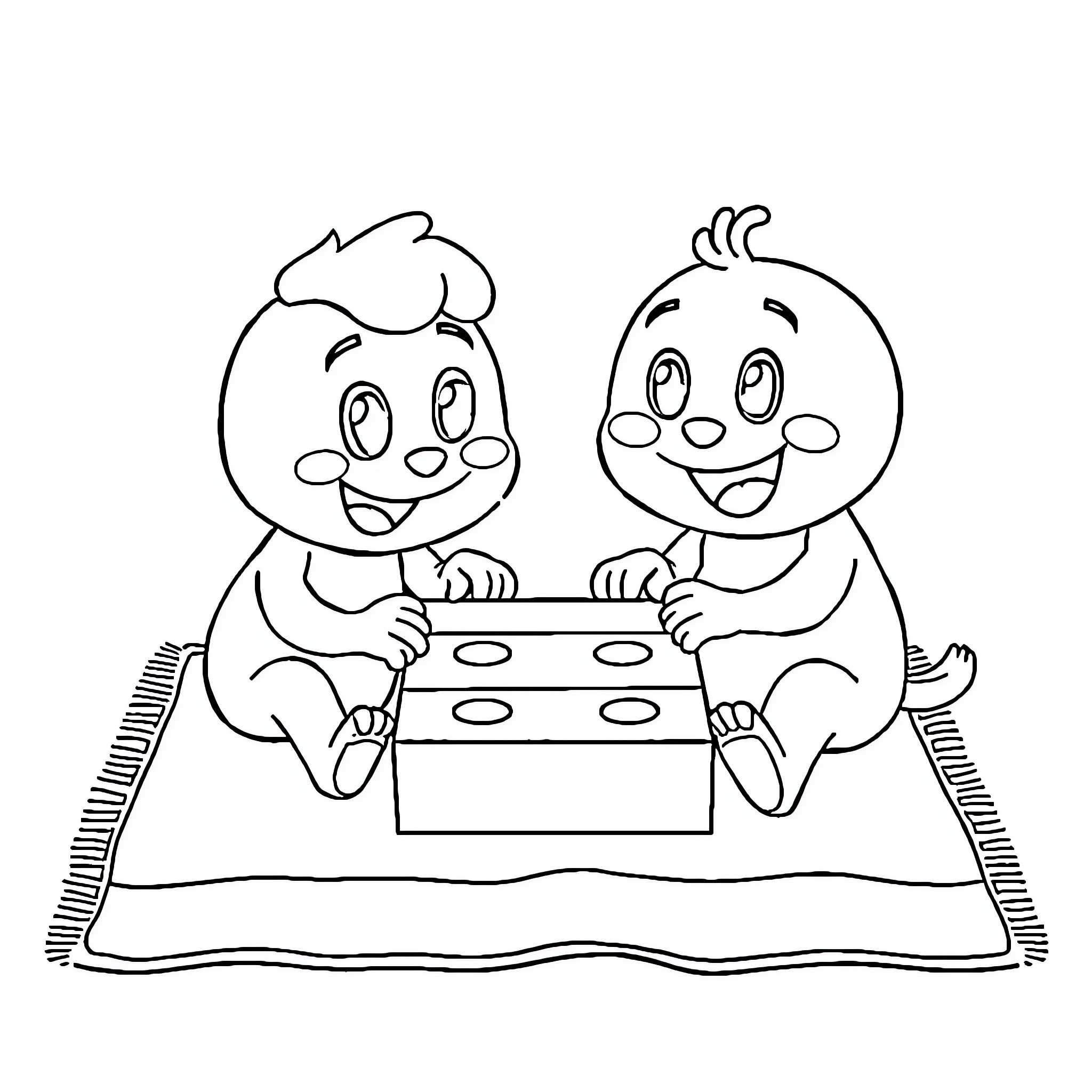 Blippi playing with a friend on a mat Coloring Page (free black-and-white line drawing printable PDF for all, from beginners to advanced learners, including children, teens, adults, and seniors)