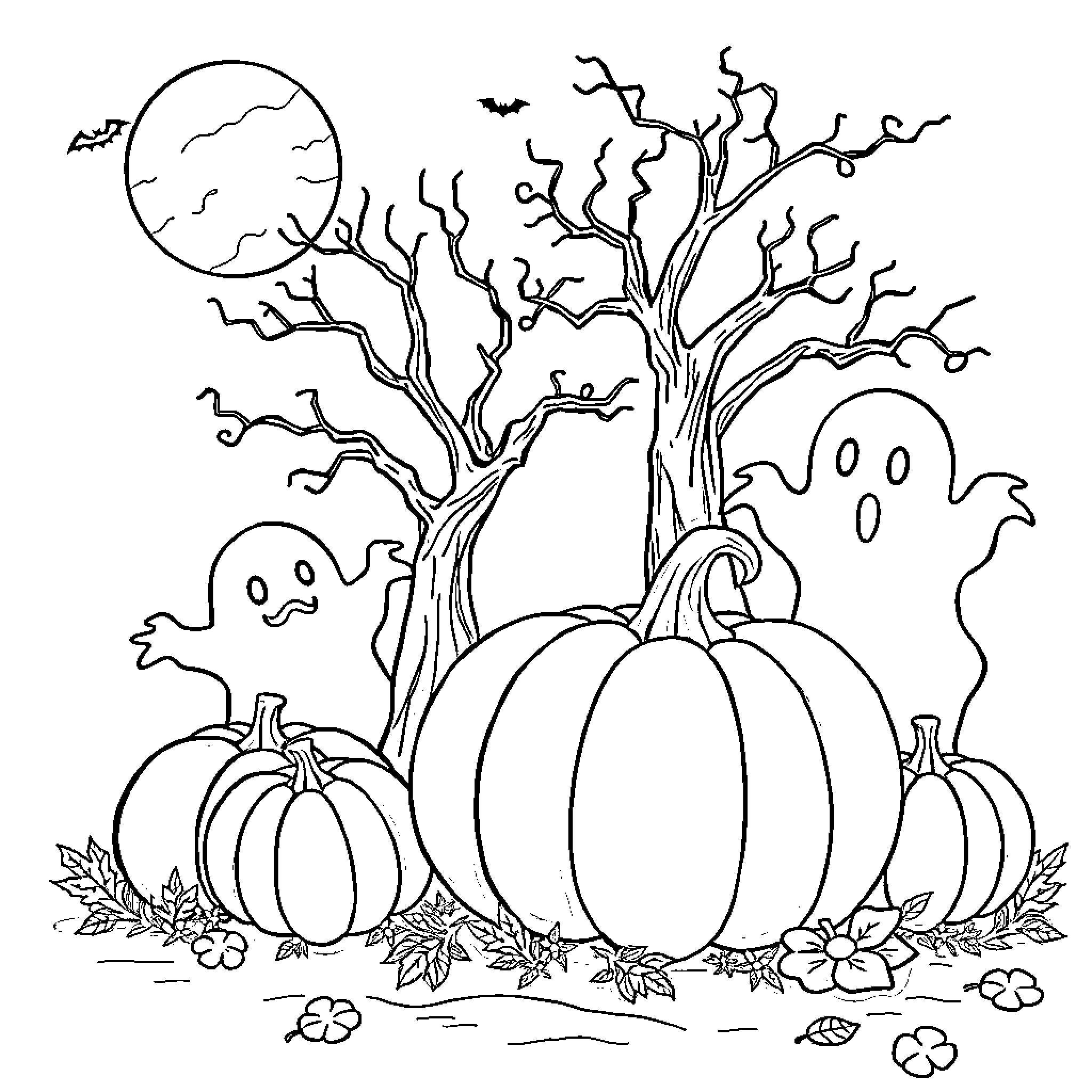 Halloween Pumpkins and Spooky Tree Silhouettes Coloring Page (free black-and-white line drawing printable PDF for all, from beginners to advanced learners, including children, teens, adults, and seniors)